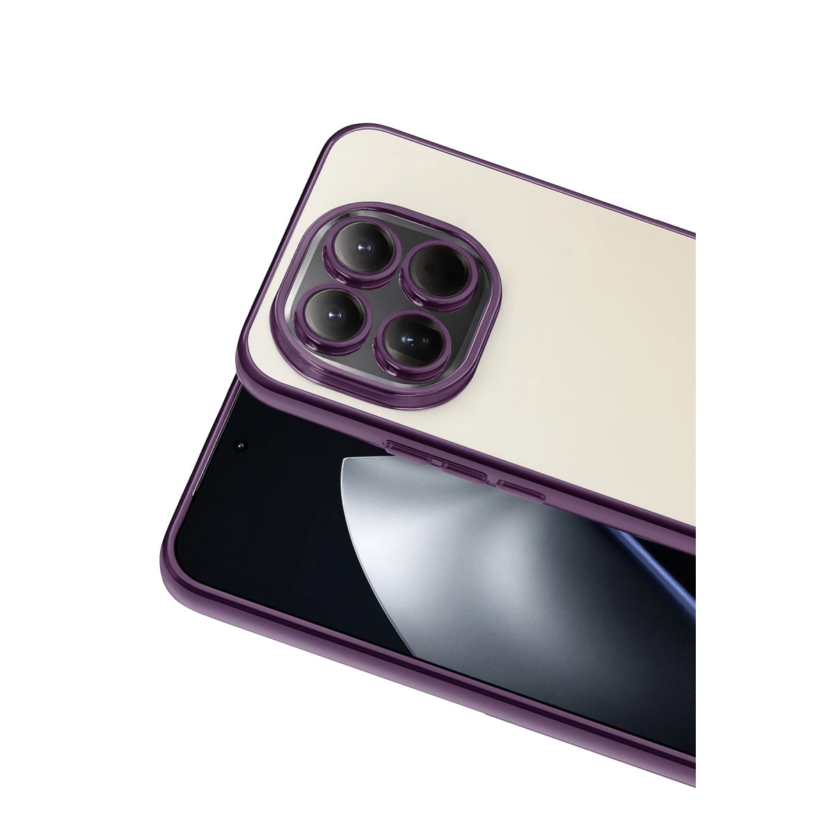 Krem renkli bir telefonda dört kamera lensli mor telefon kılıfı.