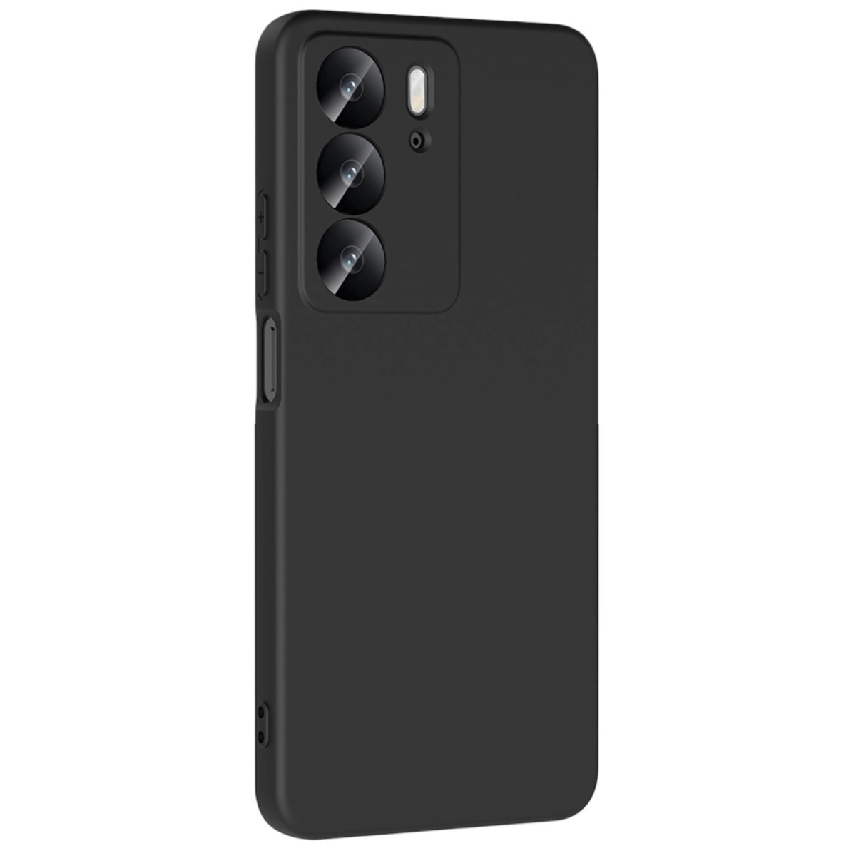 Arkada üç kamera lensi ve flaşa sahip siyah telefon kılıfı.