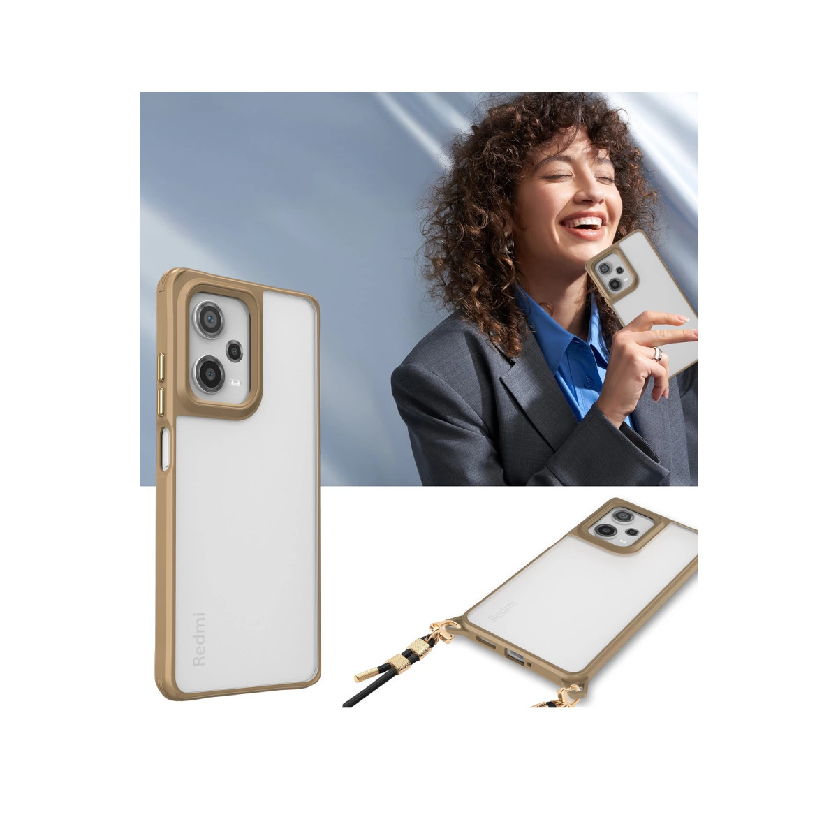 Kıvırcık saçlı kadın altın çerçeveli beyaz telefon tutuyor. Telefon askılı.