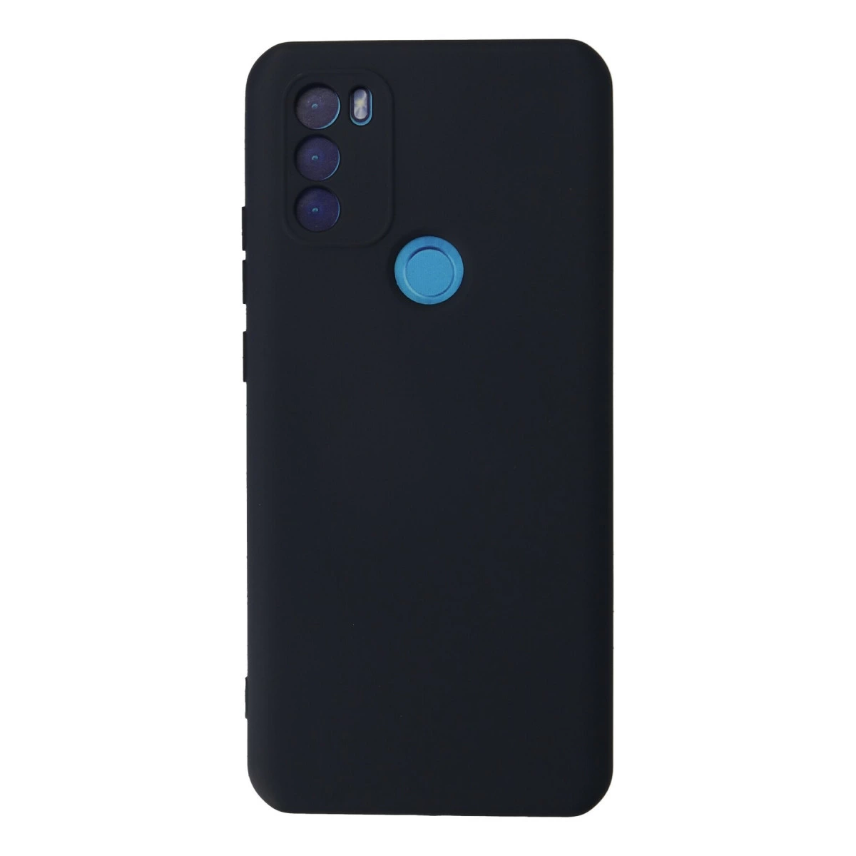 Üç kameralı ve mavi parmak izi sensörlü siyah telefon kılıfı.