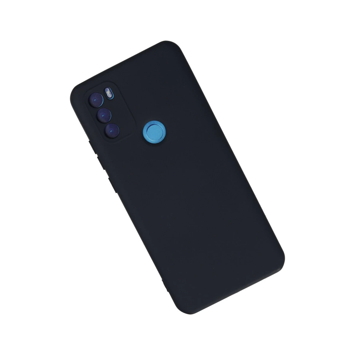 Üçlü kamera ve mavi parmak izi sensörlü koyu mavi akıllı telefon.