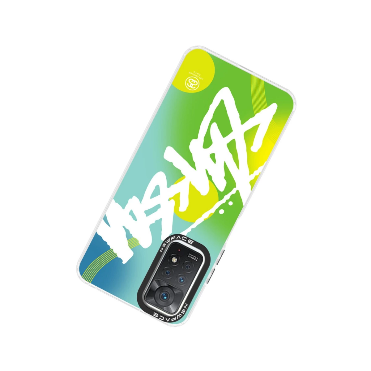 Yeşil-mavi-sarı grafiti tasarımlı ve beyaz yazılı telefon kılıfı.