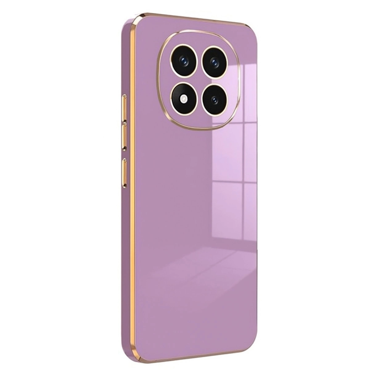 Dört kameralı, altın çerçeveli mor telefon kılıfı.