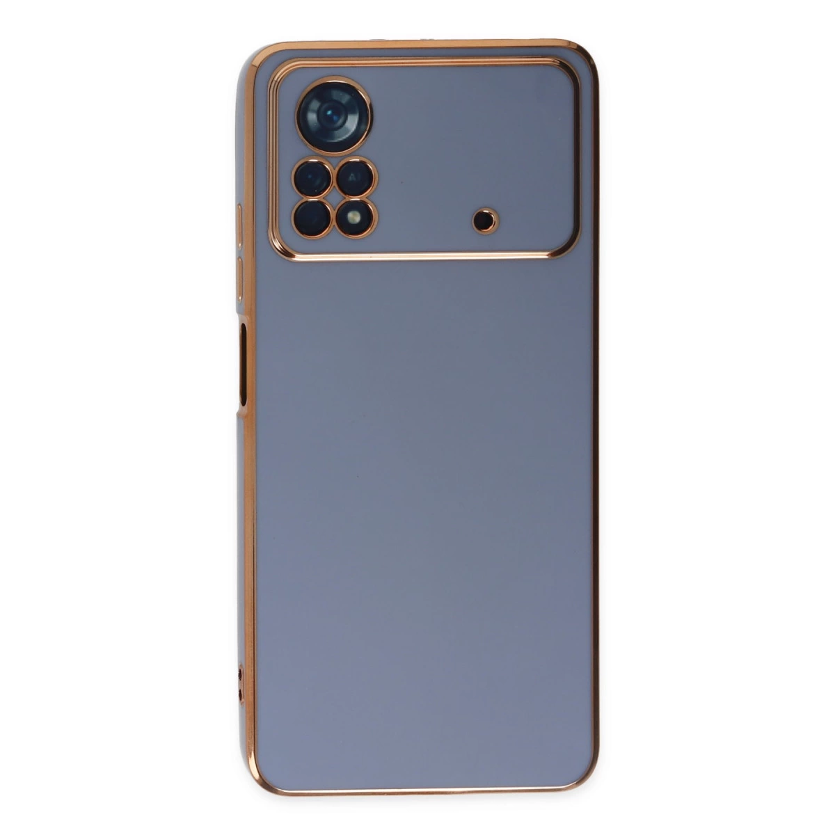 Dörtlü kamera ve altın çerçeveli gri telefon kılıfı.