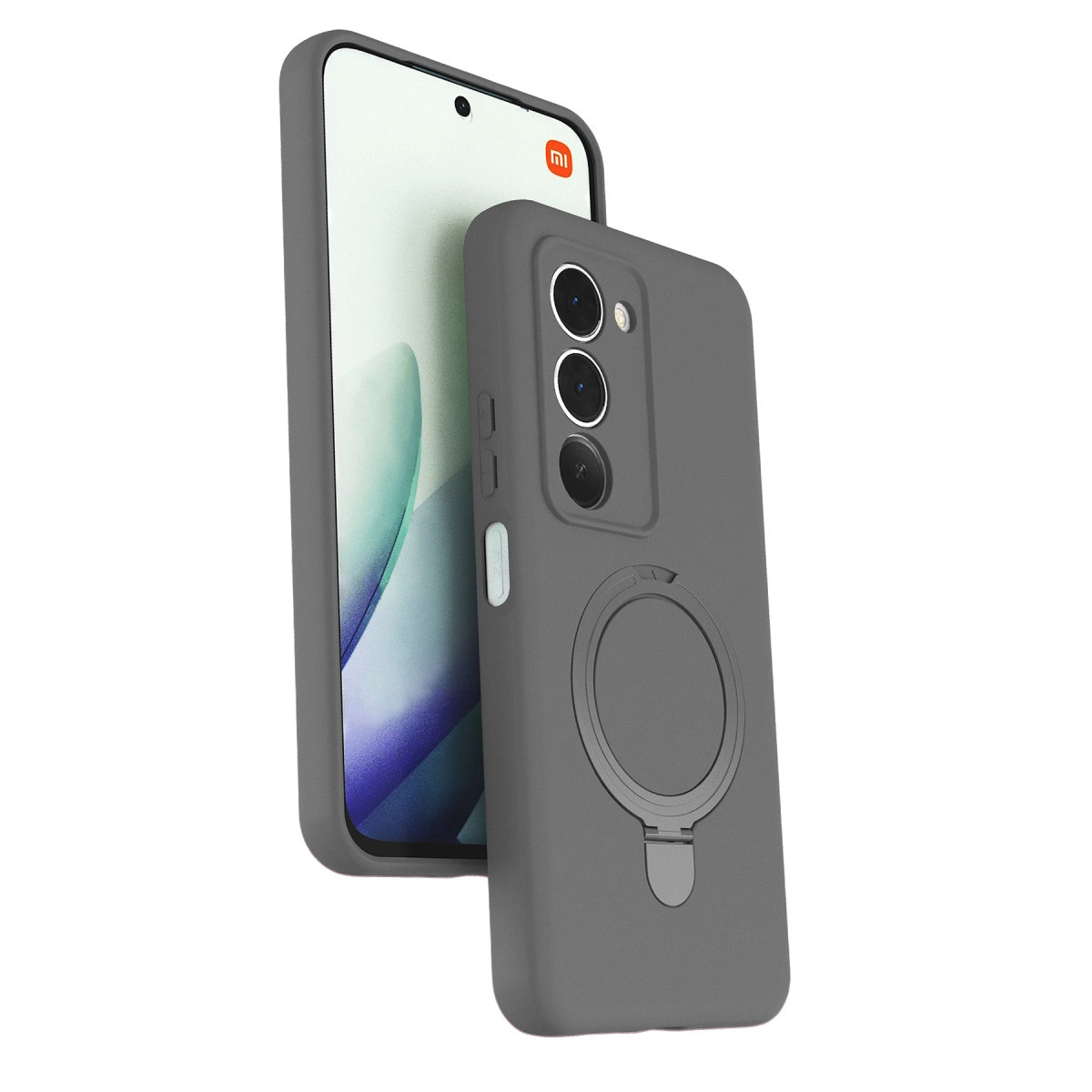 Telefon üzerindeki Xiaomi logosu ve halka tutuculu gri telefon kılıfı.