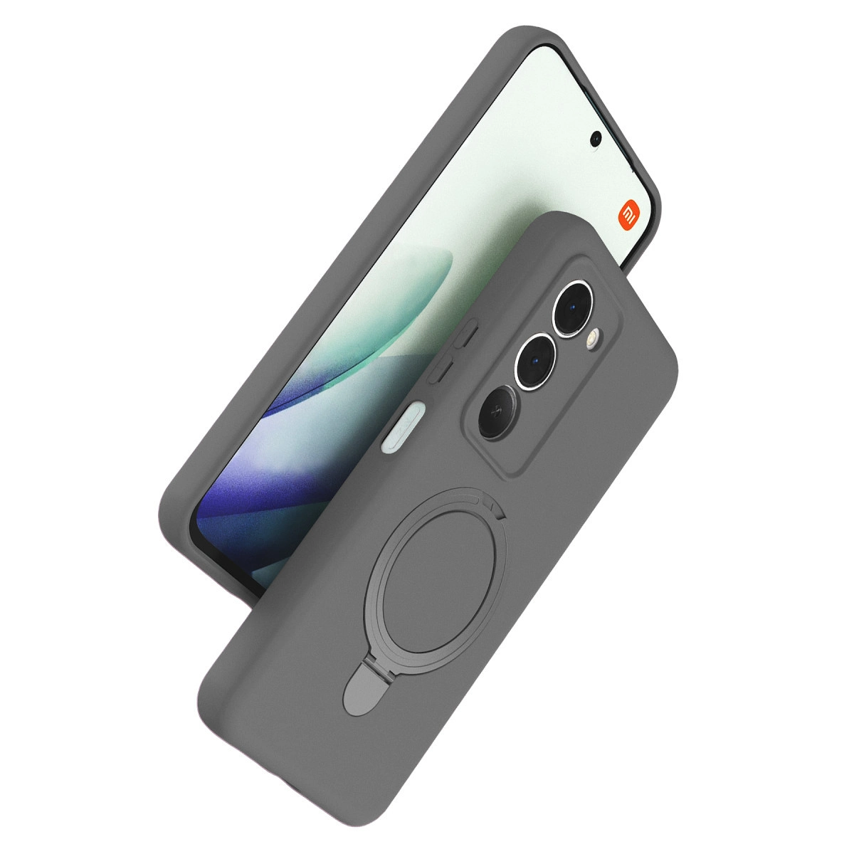 Beyaz arka plan üzerinde halka tutuculu ve üç kamera lensli gri telefon kılıfı.