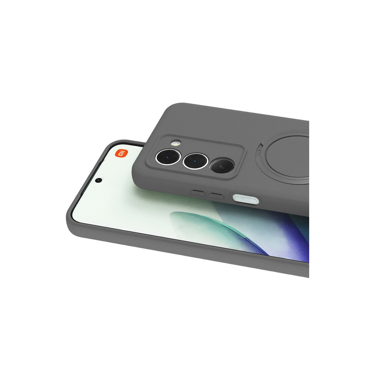 Kamera ve halka tutuculu gri telefon kılıfı telefon ekranında.
