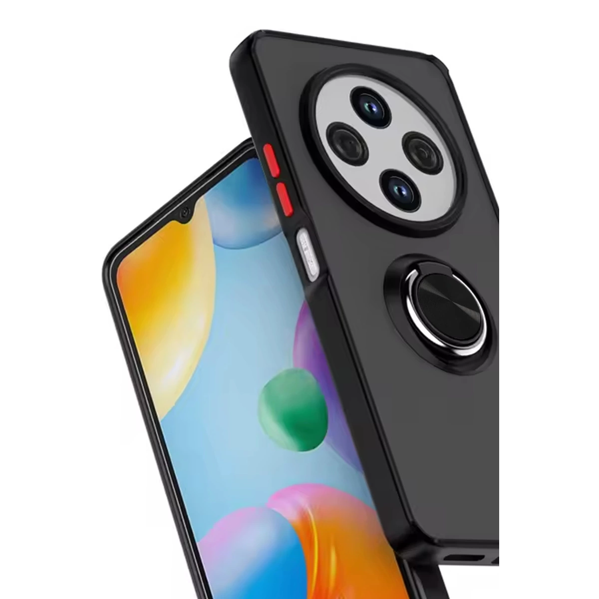 Dört kameralı ve halka tutuculu siyah telefon kılıfı. Renkli daireli ekranı gösterir.