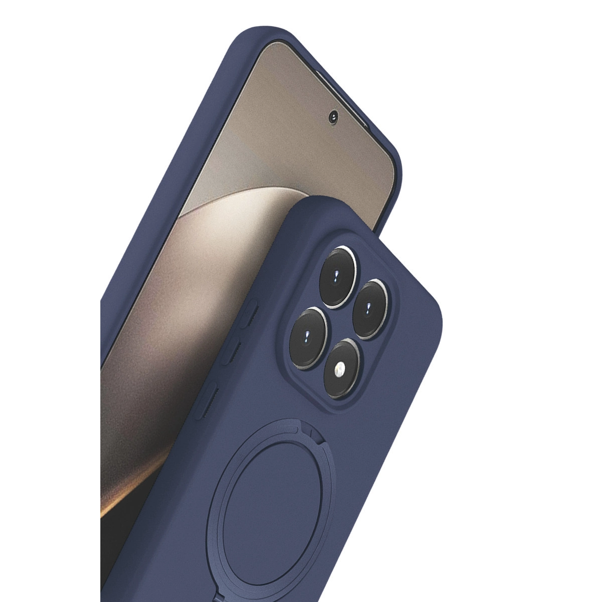 Dört kameralı, halka tutuculu lacivert telefon.