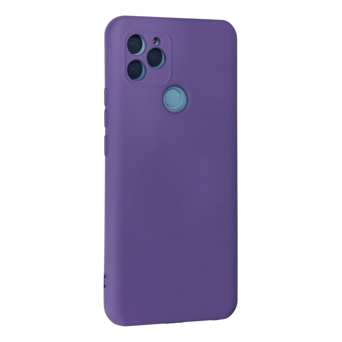 Üç kamera lensli ve parmak izi sensörlü mor telefon kılıfı.