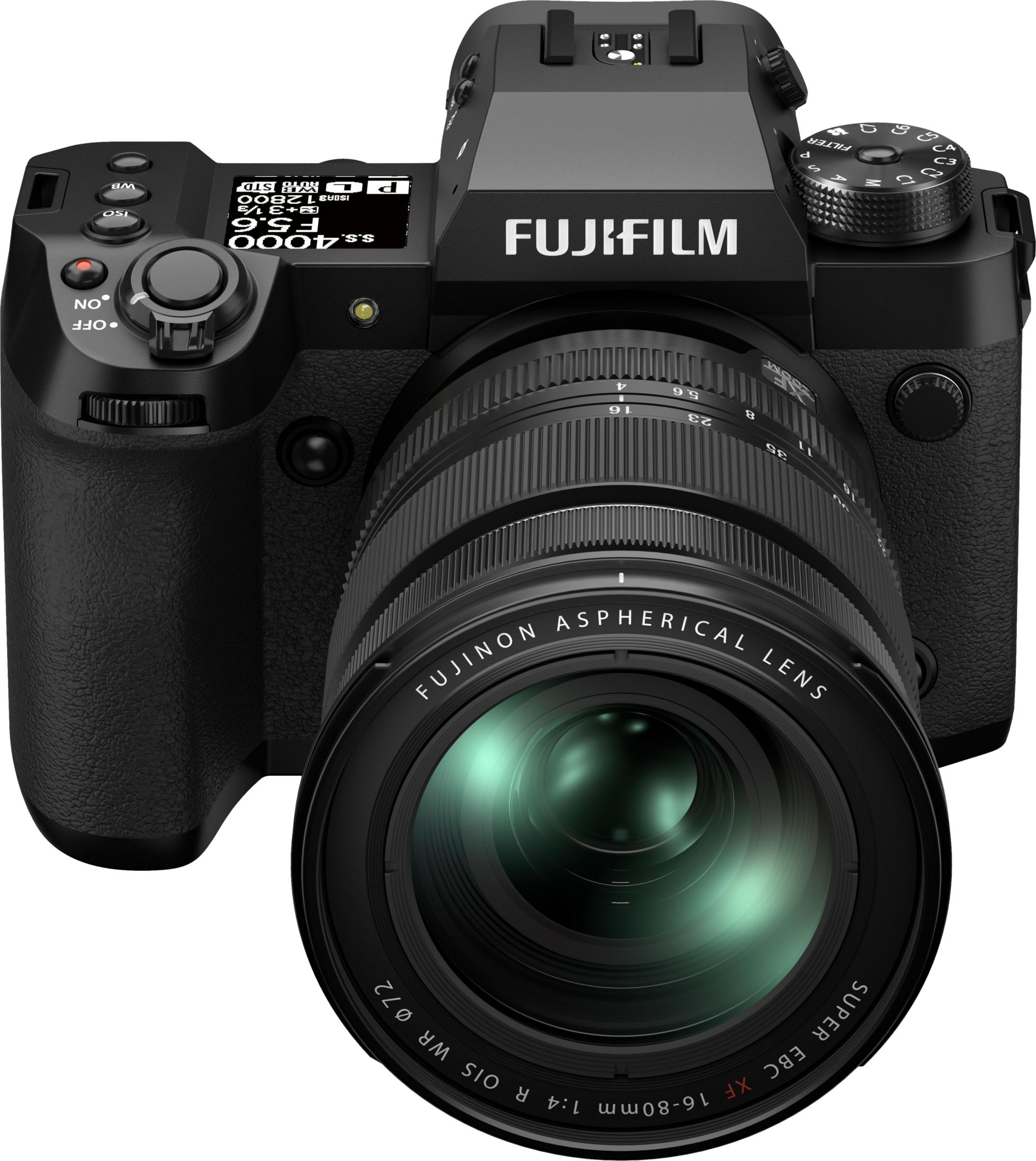 Een zwarte Fujifilm camera met een FUJINON lens.