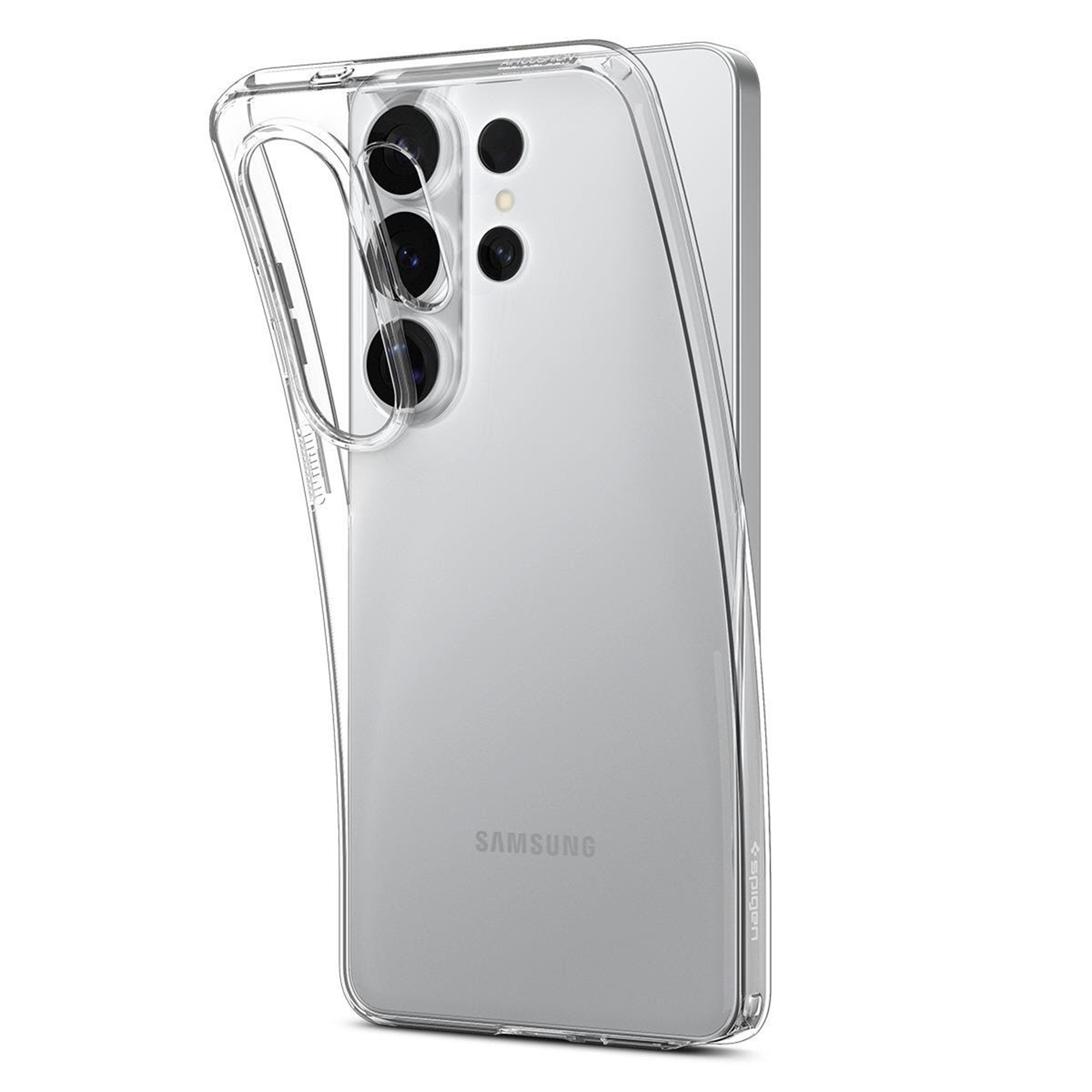 Een doorzichtige telefoonhoes bedekt een zilveren Samsung-telefoon.