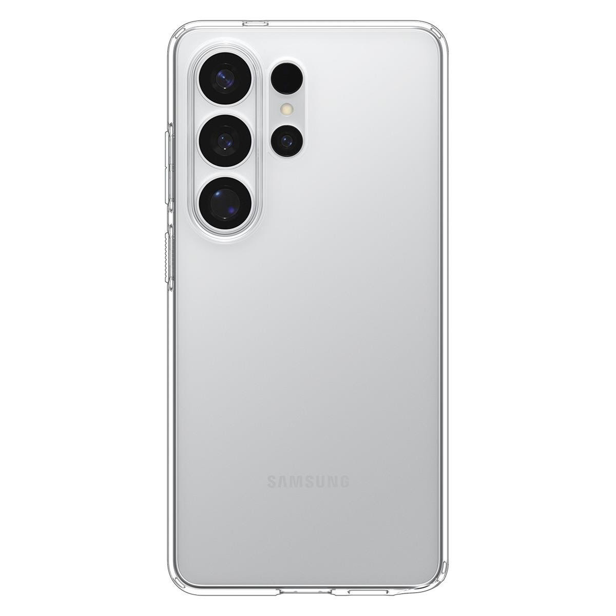 Transparante telefoonhoes met vier cameralenzen en flitser op witte achtergrond.