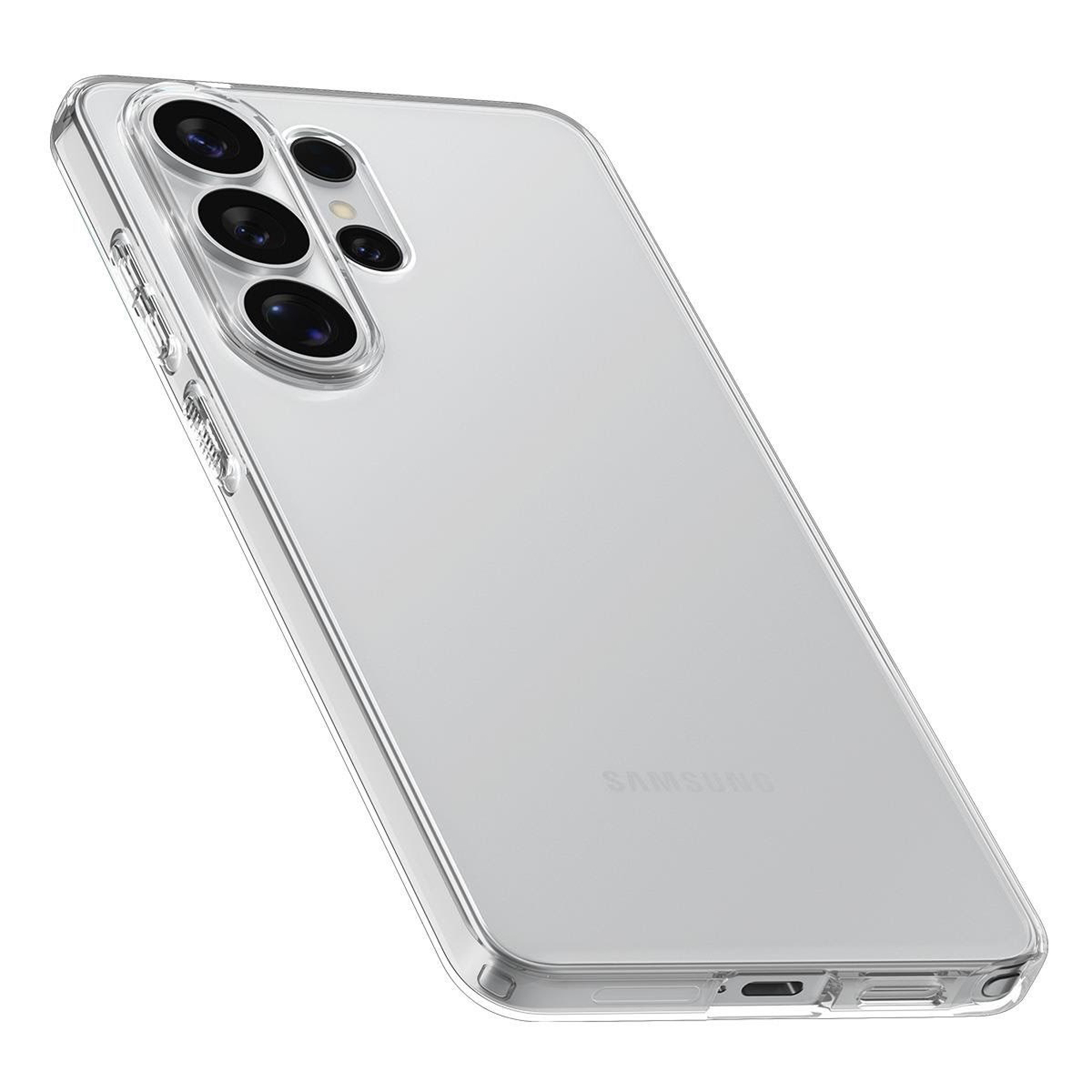 Een doorzichtige telefoonhoes met vier cameralensjes en het Samsung-logo.