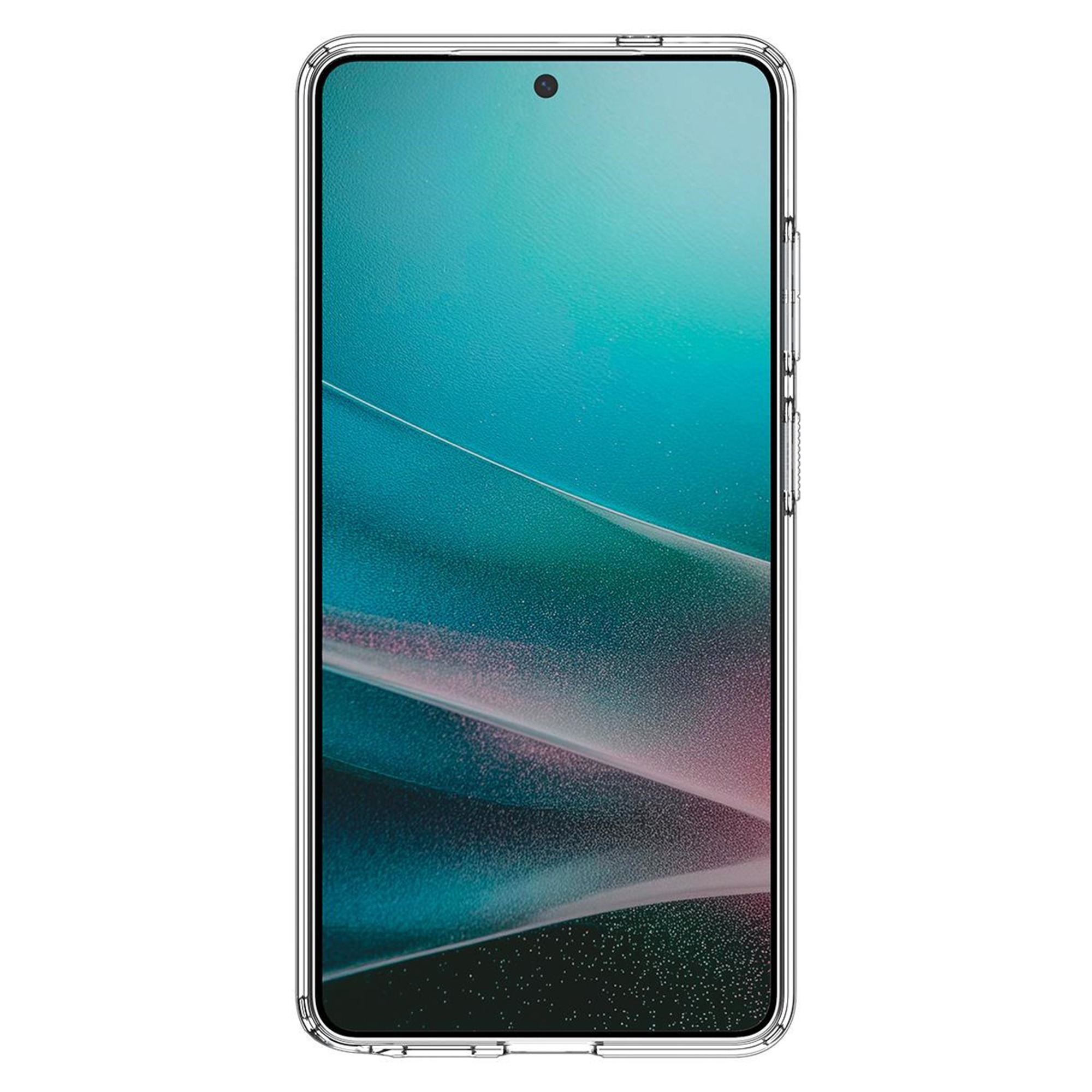 Een doorzichtige telefoonhoes om een smartphone met een blauwgroene abstracte achtergrond.