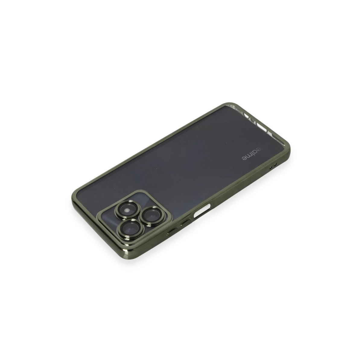 Üç kamera lensli ve Realme logolu koyu yeşil telefon kılıfı.