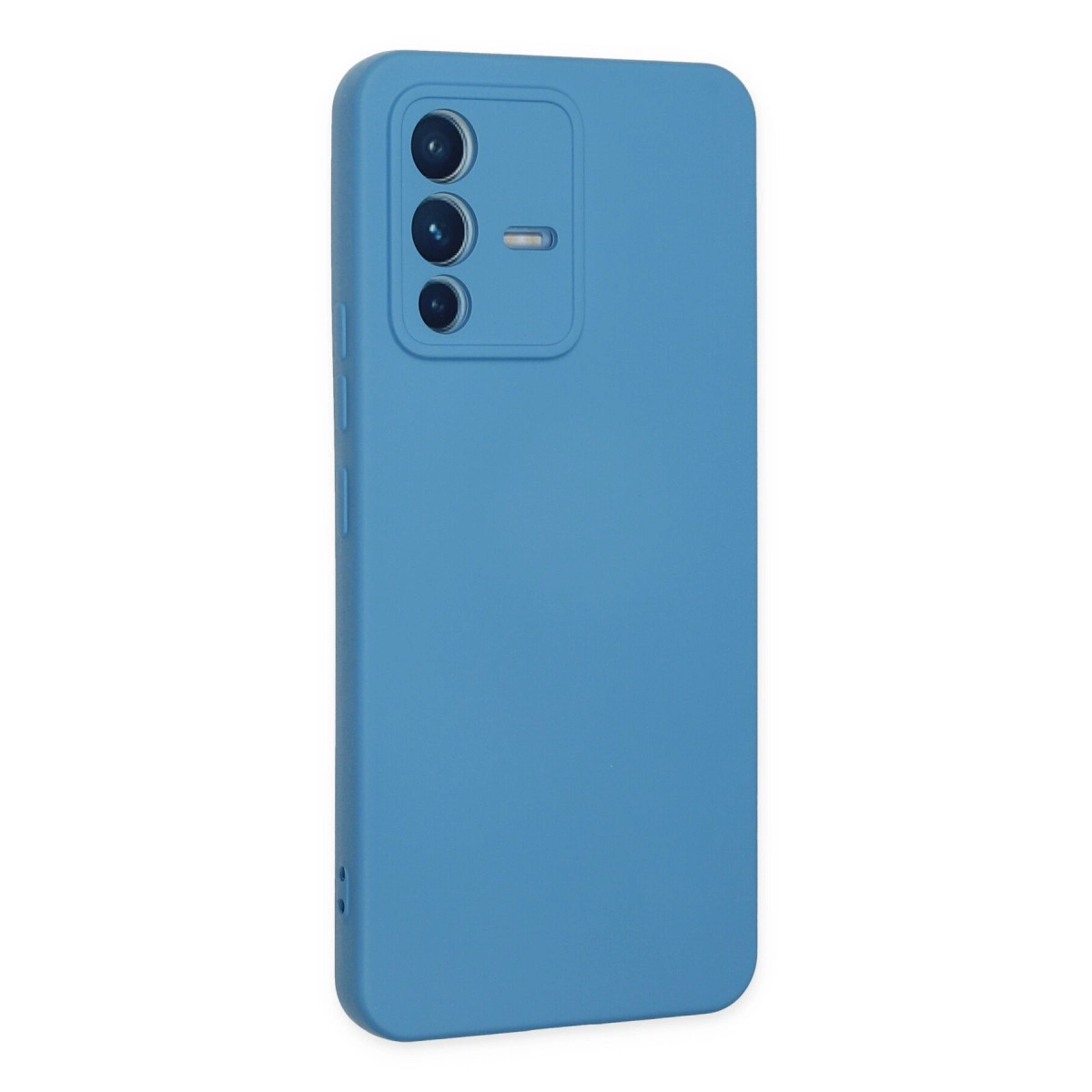 Üç kamera lensi ve flaşlı mavi telefon kılıfı.