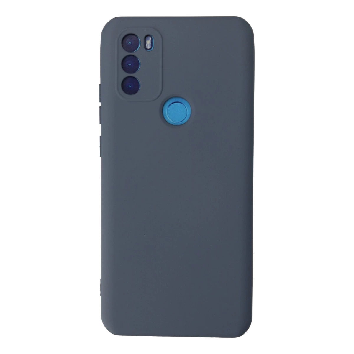 Üçlü kamerası ve mavi parmak izi sensörü olan koyu gri telefon kılıfı.