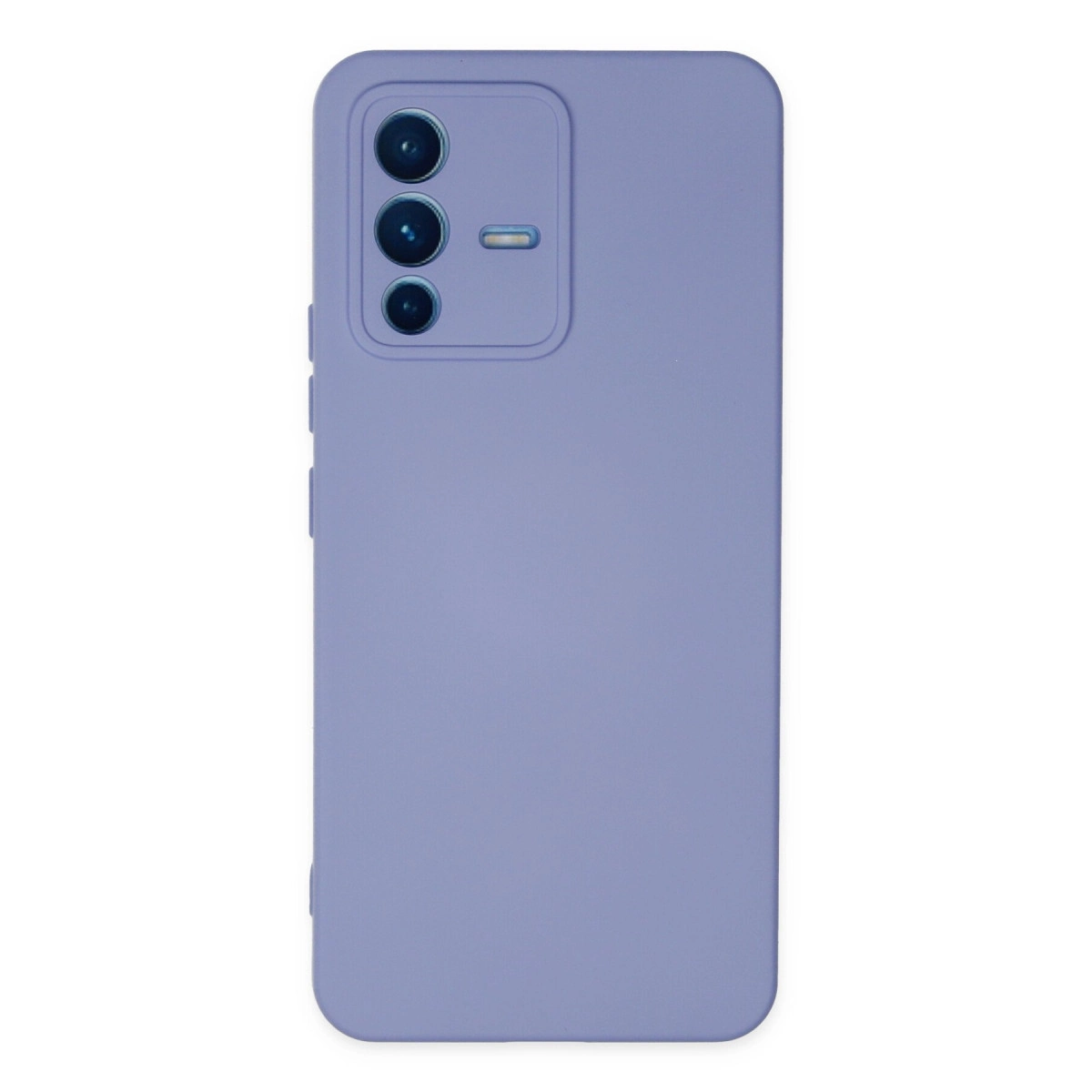 Arkada üç kamera lensi ve flaşı olan mor telefon kılıfı.