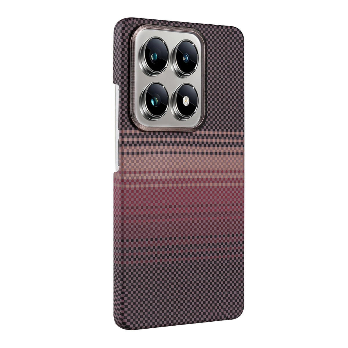 Kırmızı ve kahverengi tonlarında kareli desenli, dört kamera lensli telefon kılıfı.