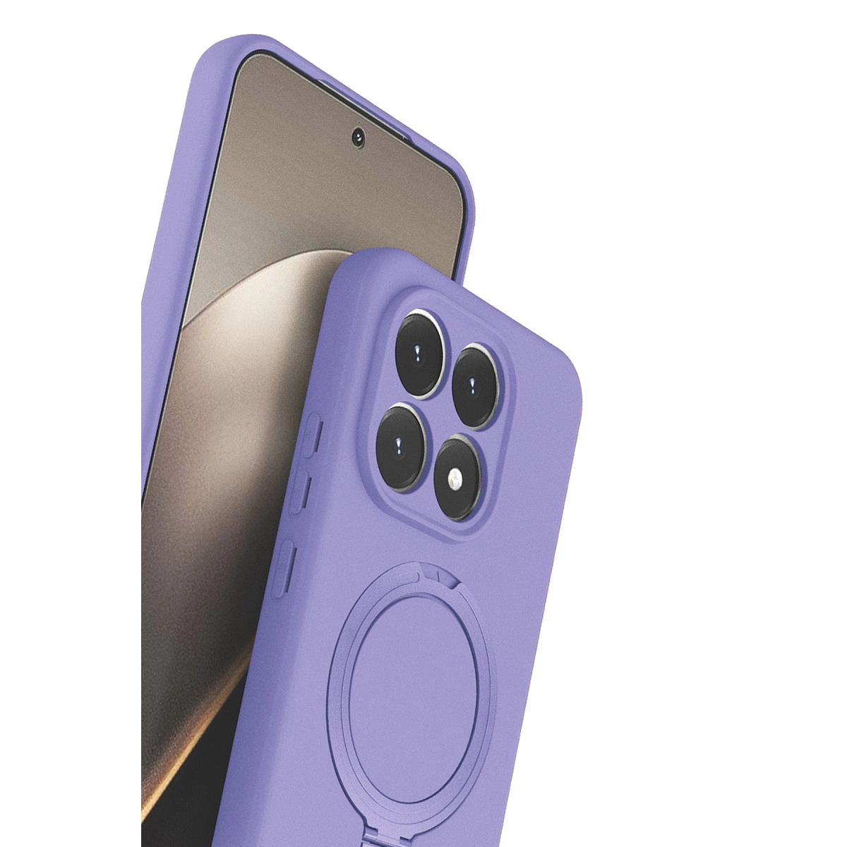 Beyaz arka plan üzerinde halkalı ve dört kameralı mor telefon kılıfı.