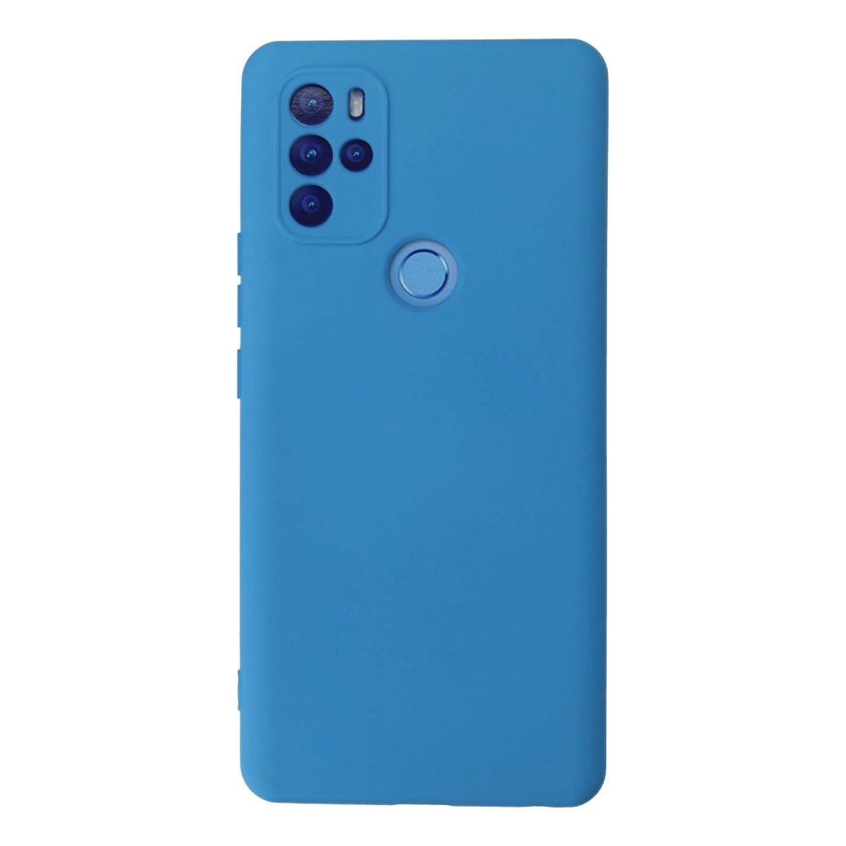 Arkada kamera kesimi ve parmak izi sensörü bulunan mavi telefon kılıfı.