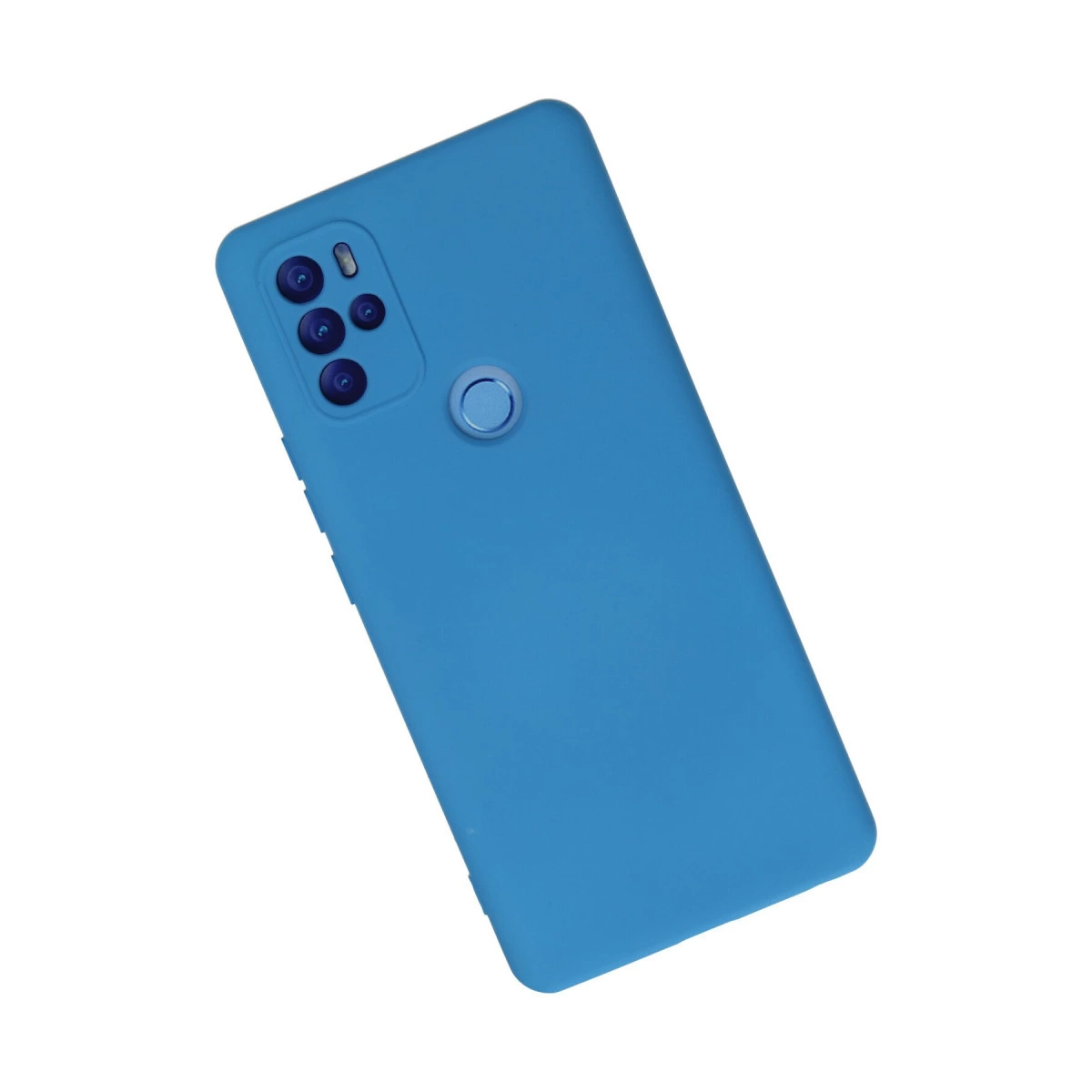 Kamera lensi ve parmak izi tarayıcılı mavi telefon kılıfı.