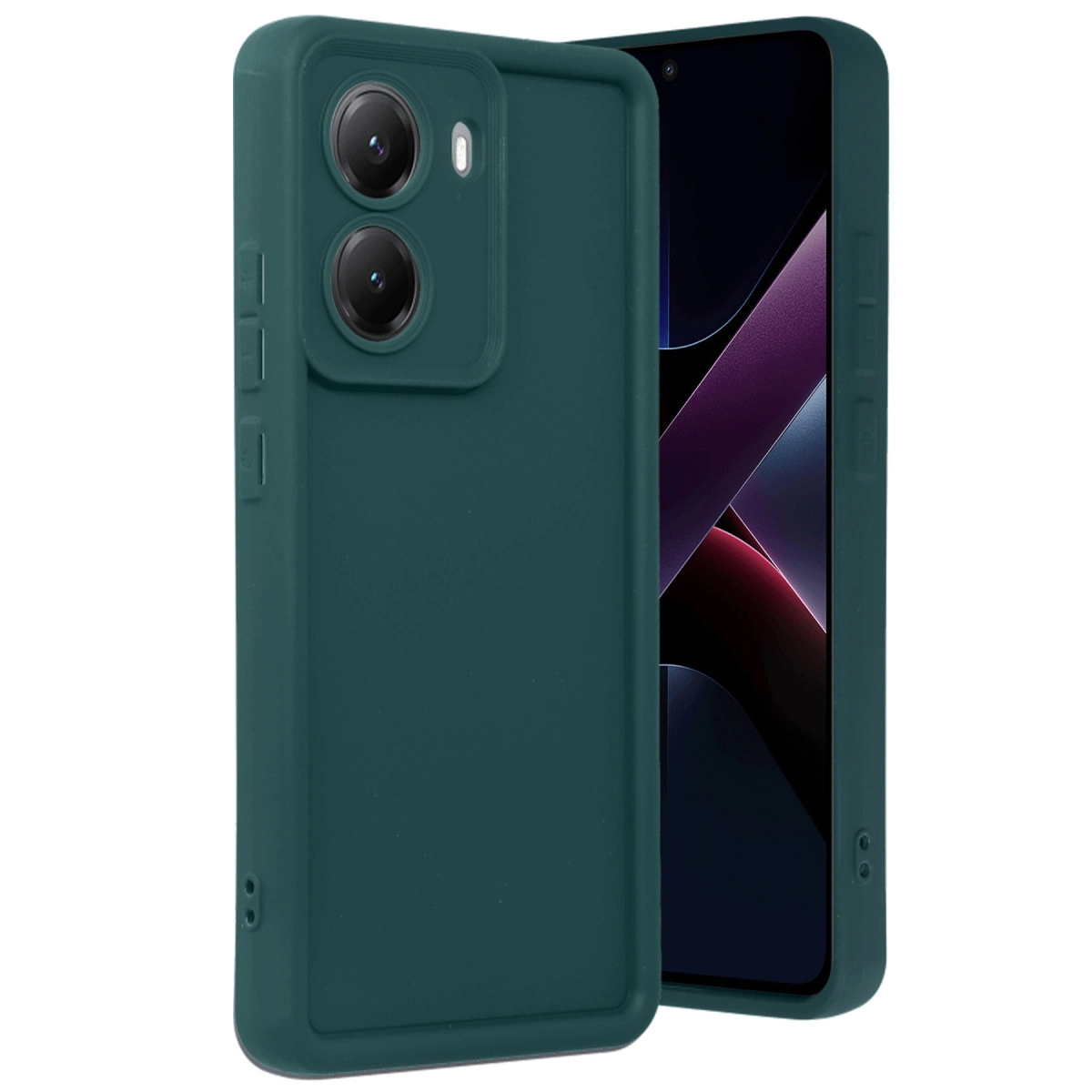 İki kameralı koyu yeşil telefon kılıfı ve akıllı telefon ekranı.