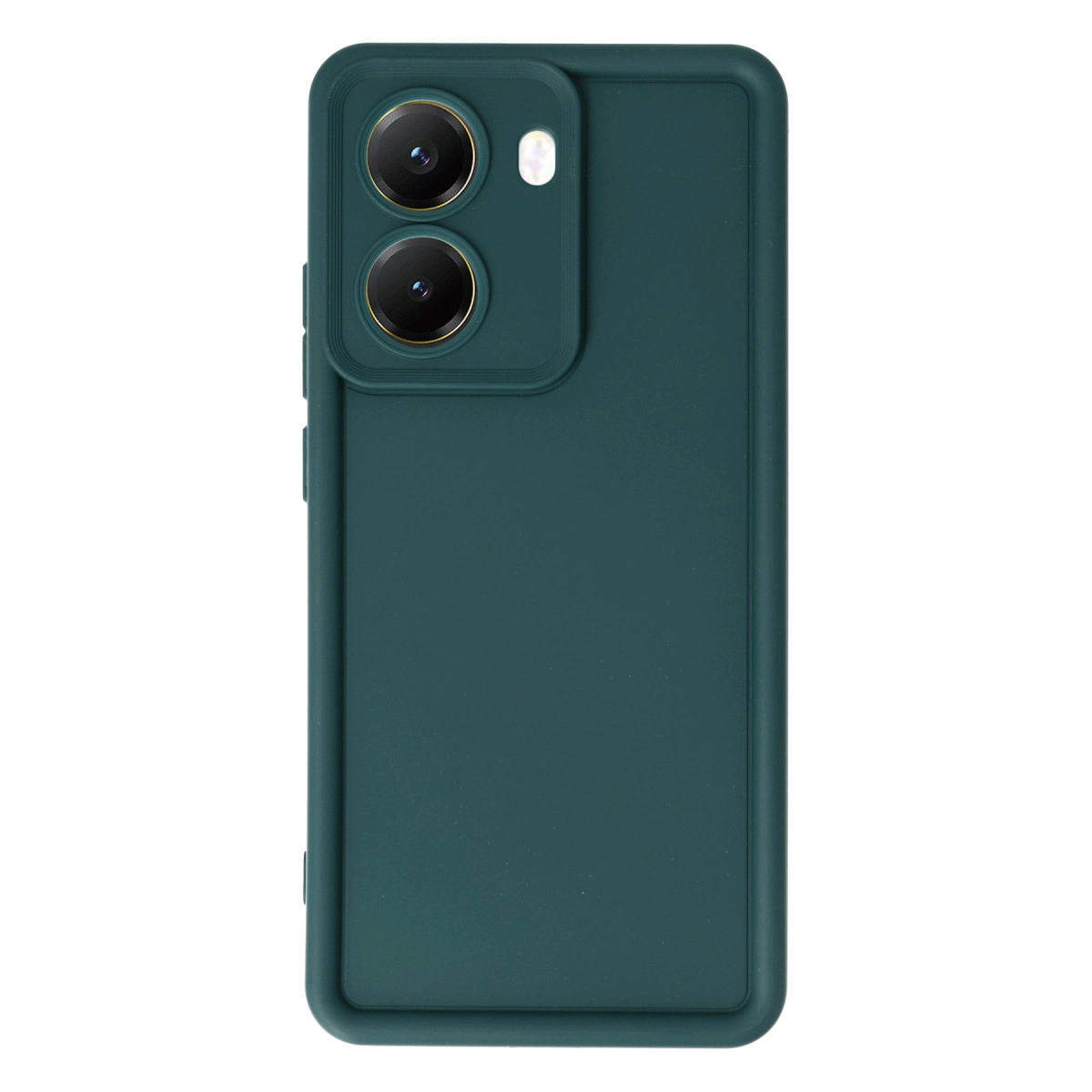 Arkada iki kamera lensi ve flaşı olan koyu yeşil telefon kılıfı.