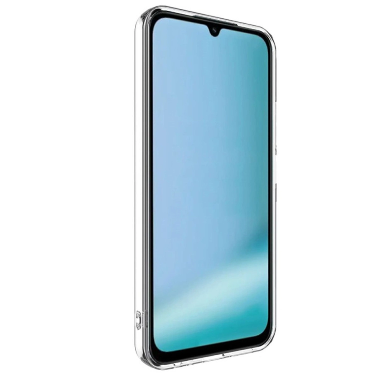 Şeffaf telefon kılıfı mavi ekranlı bir akıllı telefonu korur.
