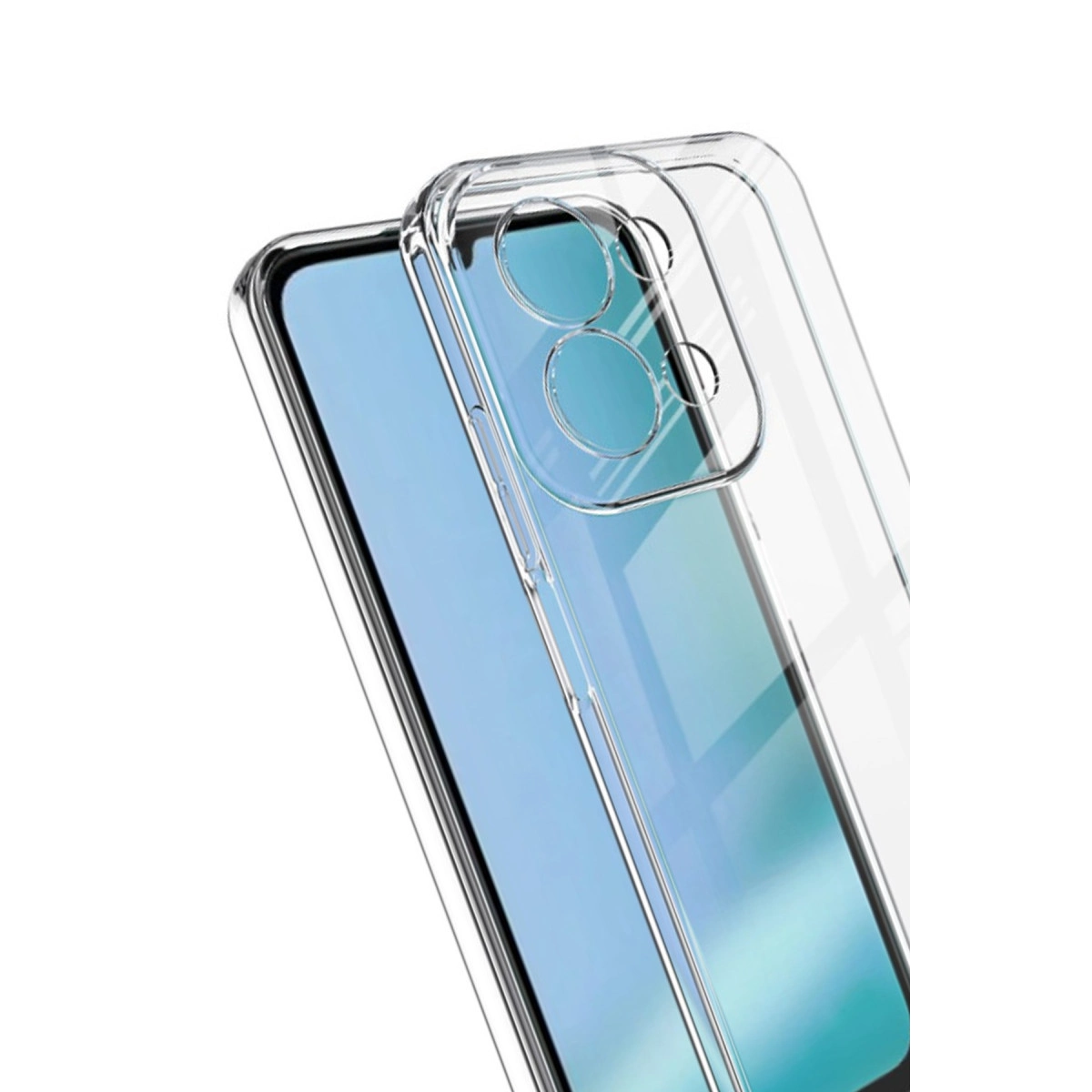 Telefonun kamera lenslerini gösteren şeffaf kılıf.