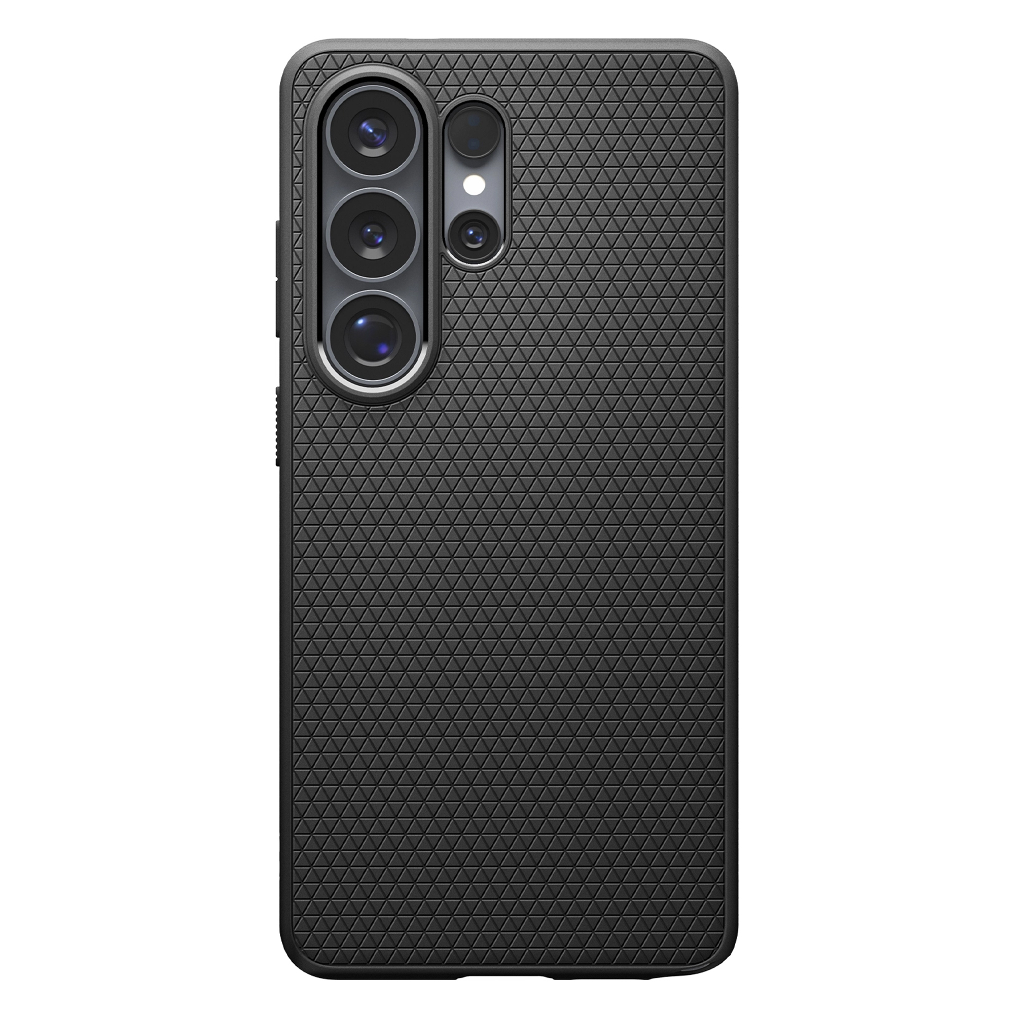 Zwarte telefoonhoes met drievoudige camera en geometrisch patroon.