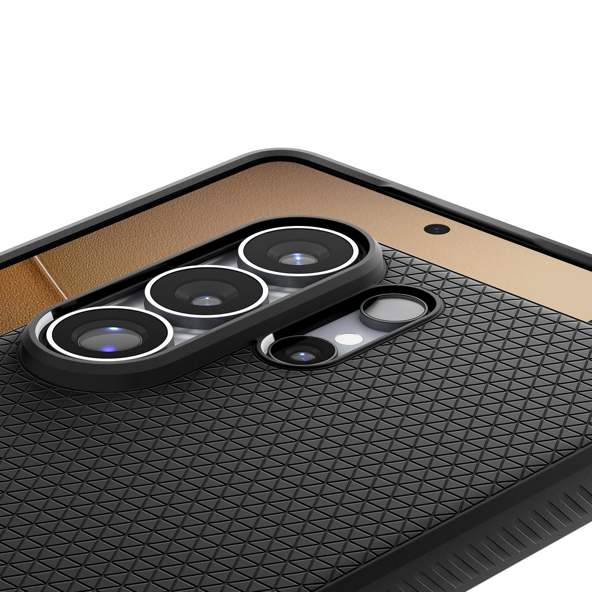 Zwarte telefoonhoes met drievoudige en enkele cameralenzen aan de achterkant.