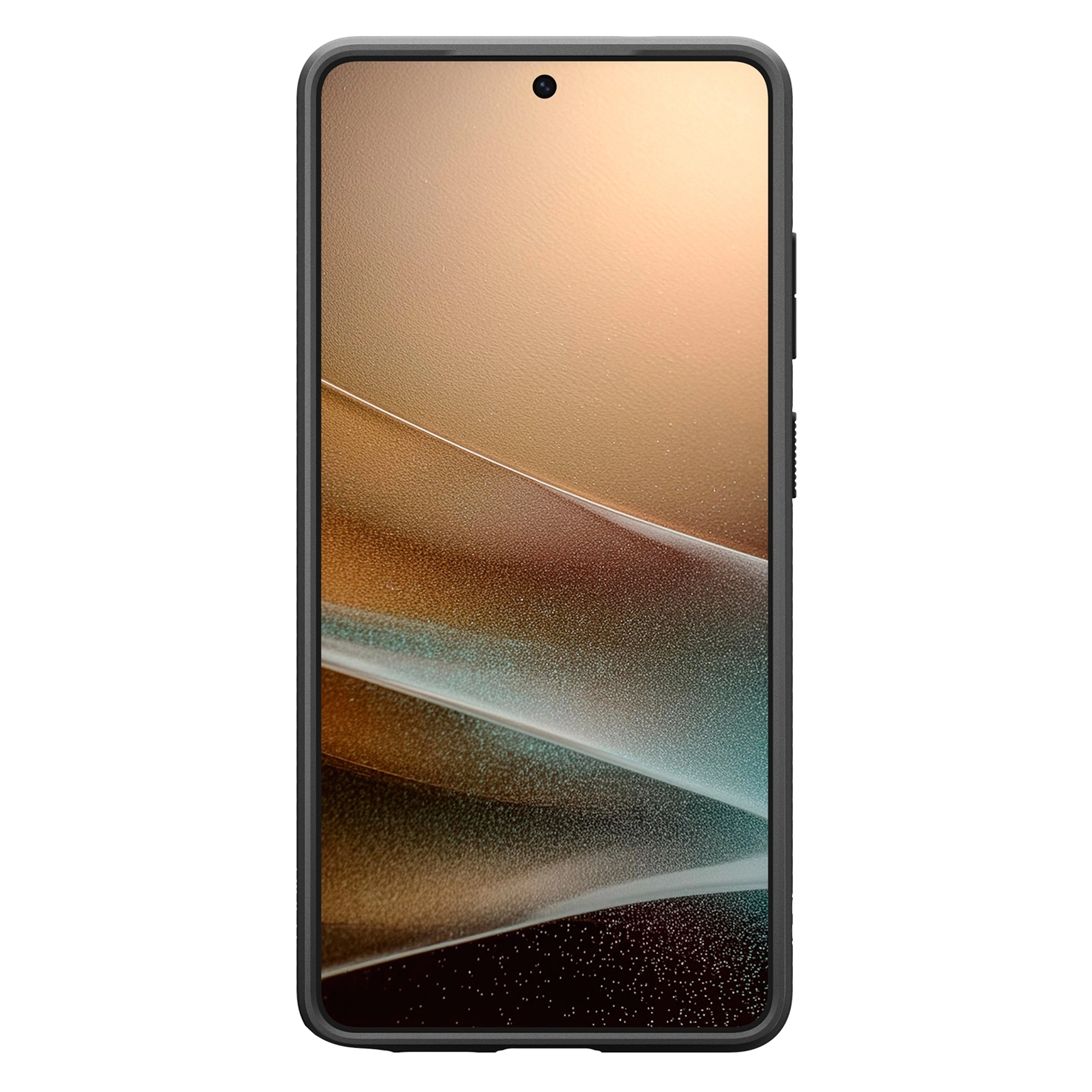 Een smartphone met een donker frame met een abstracte, sprankelende achtergrond in bruin- en blauwtinten.