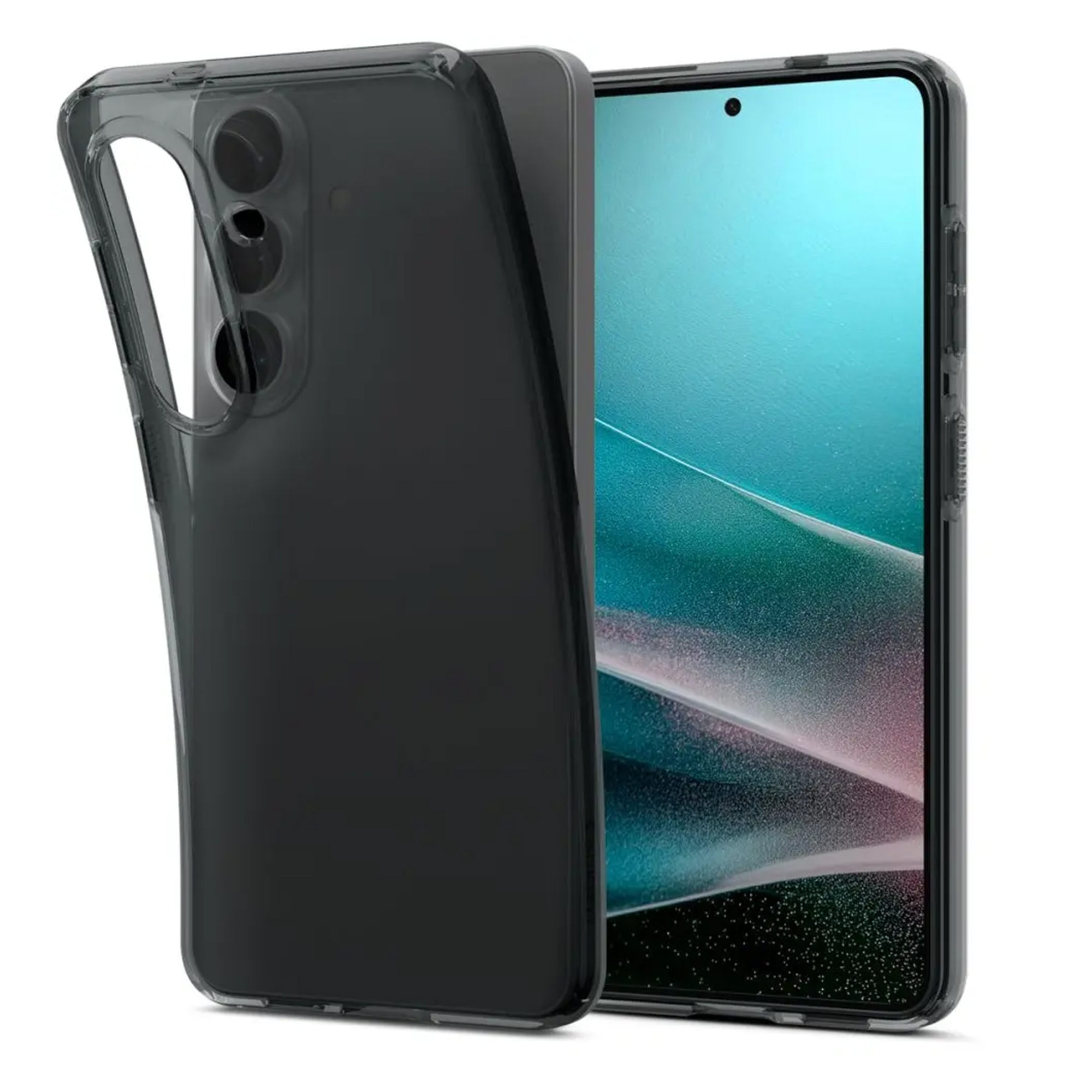 Coque de téléphone foncée couvrant un smartphone à écran bleu-vert.