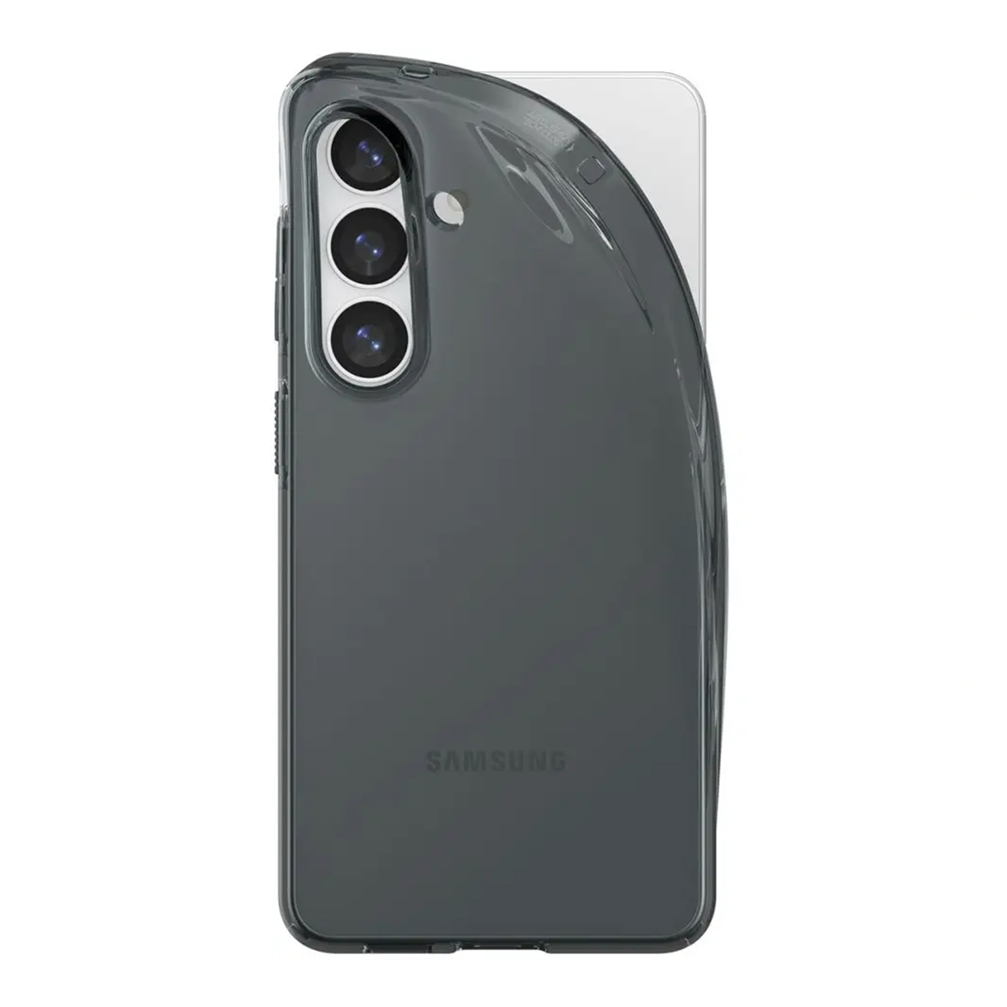 Coque de téléphone transparente montrant triple caméra et logo SAMSUNG sur fond gris.