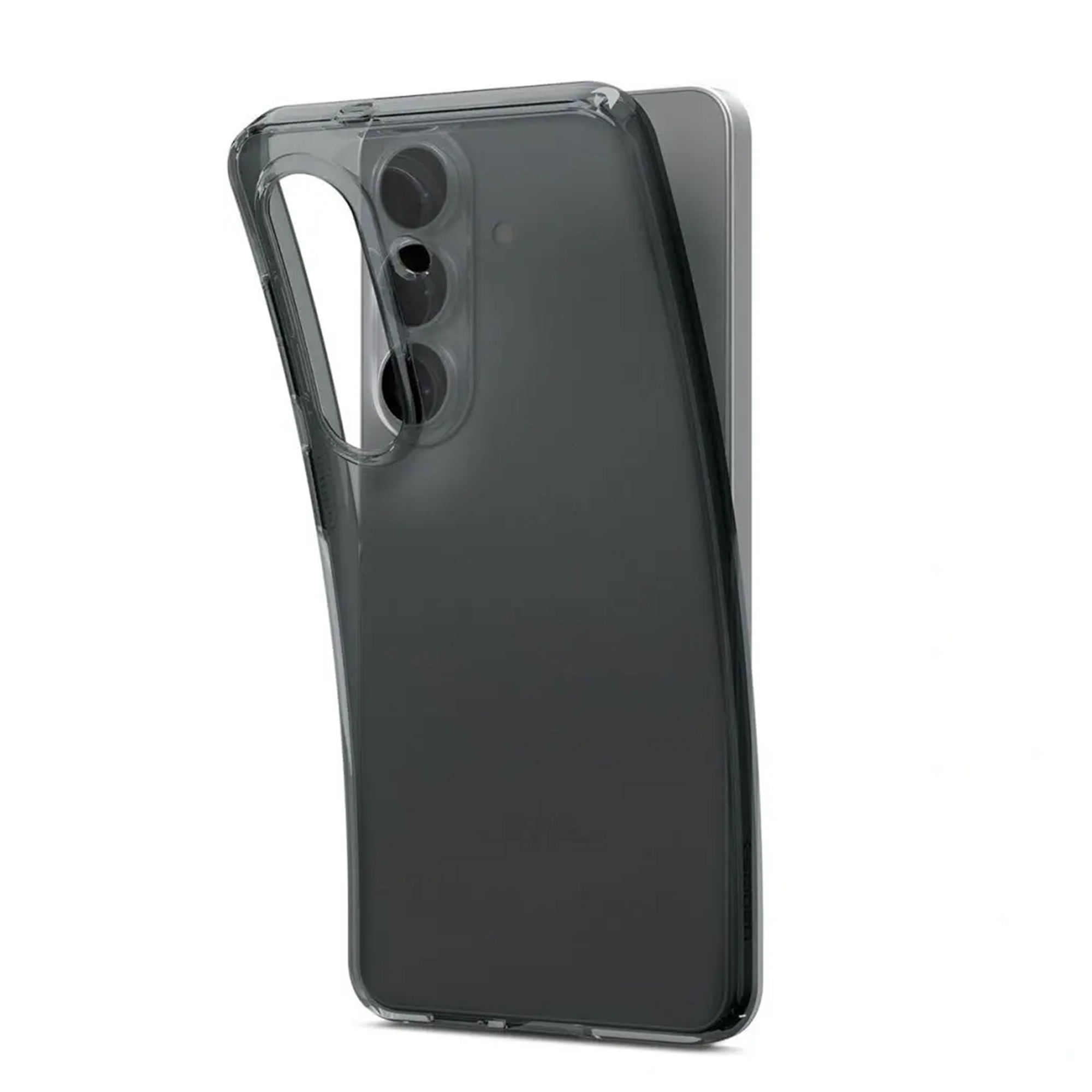 Une coque de téléphone noire transparente sur fond blanc.