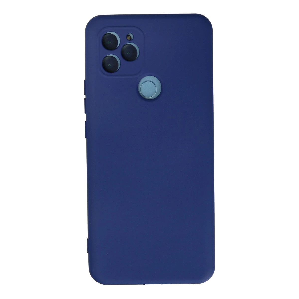 Üçlü kamera ve parmak izi sensörlü lacivert telefon kılıfı.