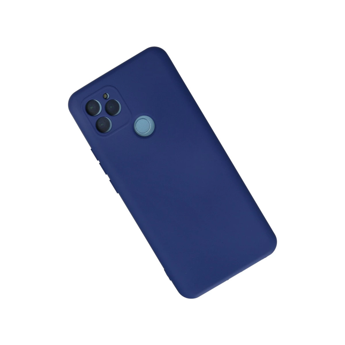 Kare kamera çıkıntısı ve dairesel parmak izi sensörü bulunan koyu mavi akıllı telefon kılıfı.