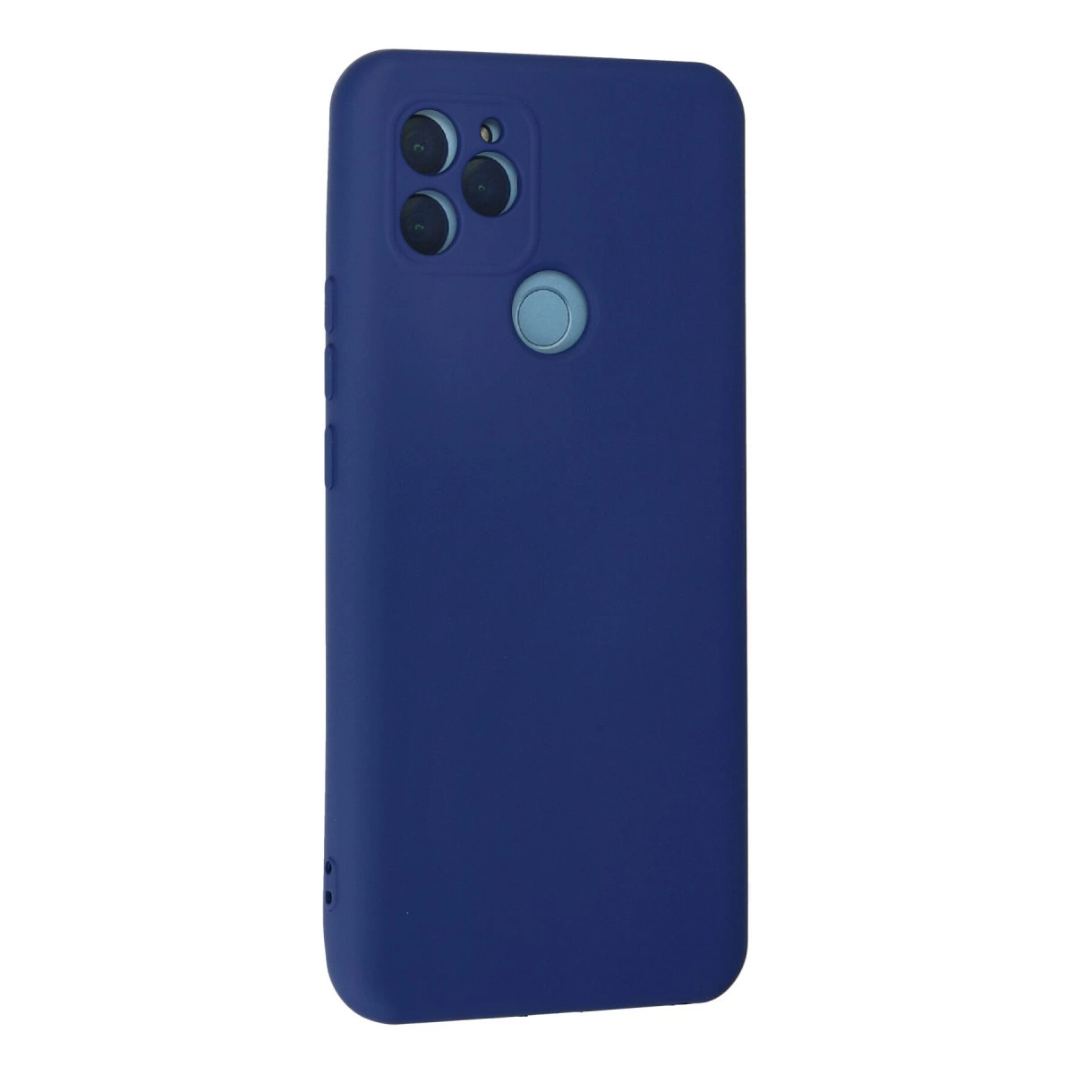 Kamera modülü ve parmak izi sensörlü lacivert telefon kılıfı.