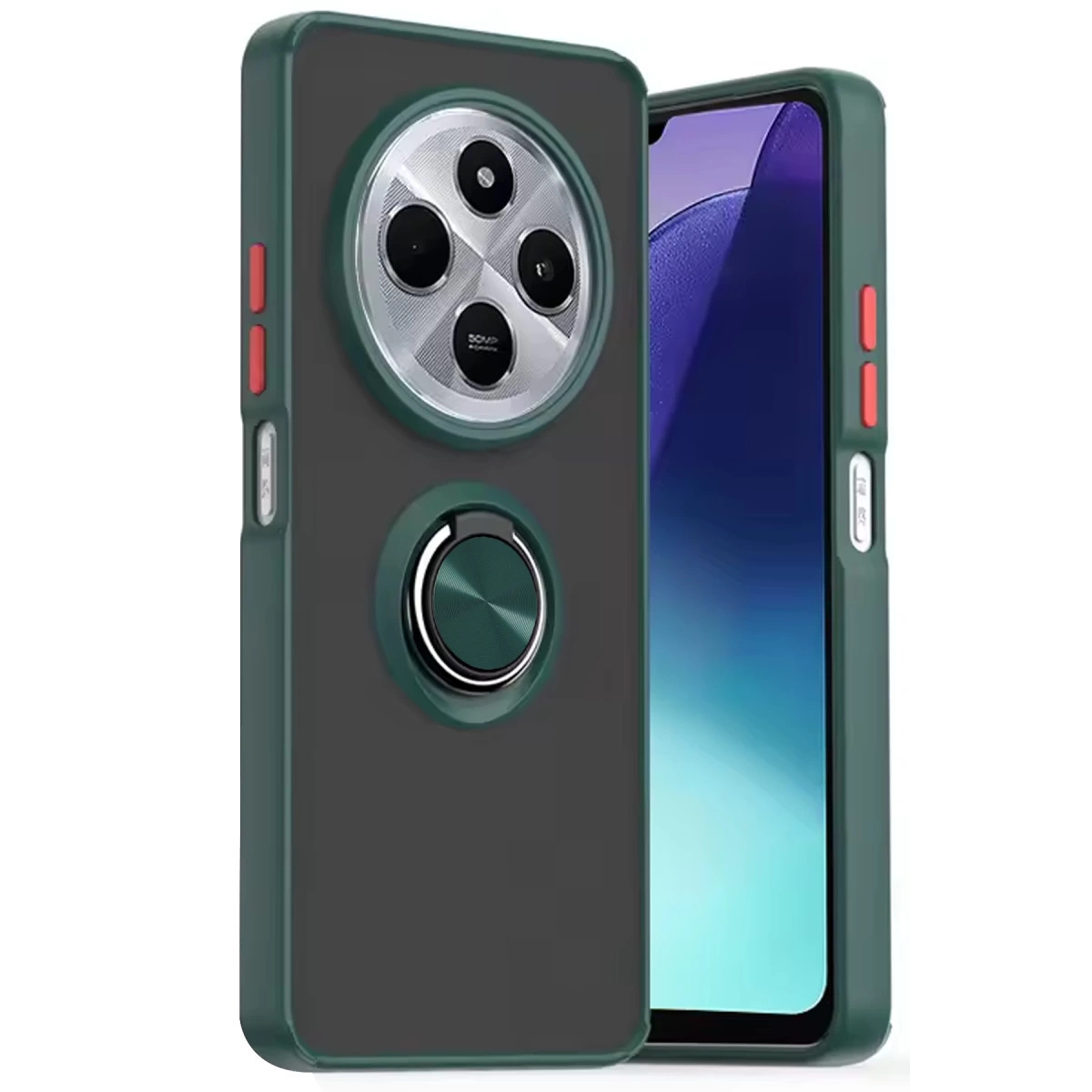Dört kameralı ve halka tutuculu koyu yeşil telefon kılıfı.