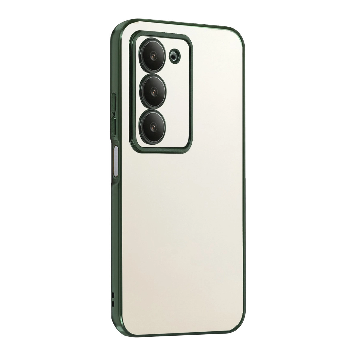 Üç kamera lensli ve koyu kenarlıklı krem rengi telefon kılıfı.