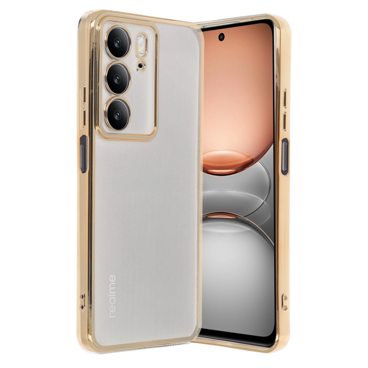 Akıllı telefonda altın çerçeveli ve kamera kesimli şeffaf telefon kılıfı.