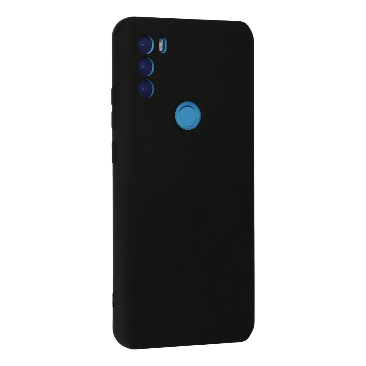 Mavi kamera modülü ve parmak izi sensörlü siyah telefon kılıfı.
