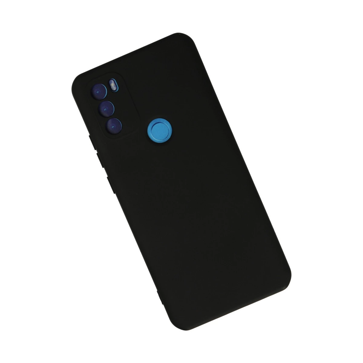 Üç kameralı ve mavi parmak izi sensörlü siyah akıllı telefon.