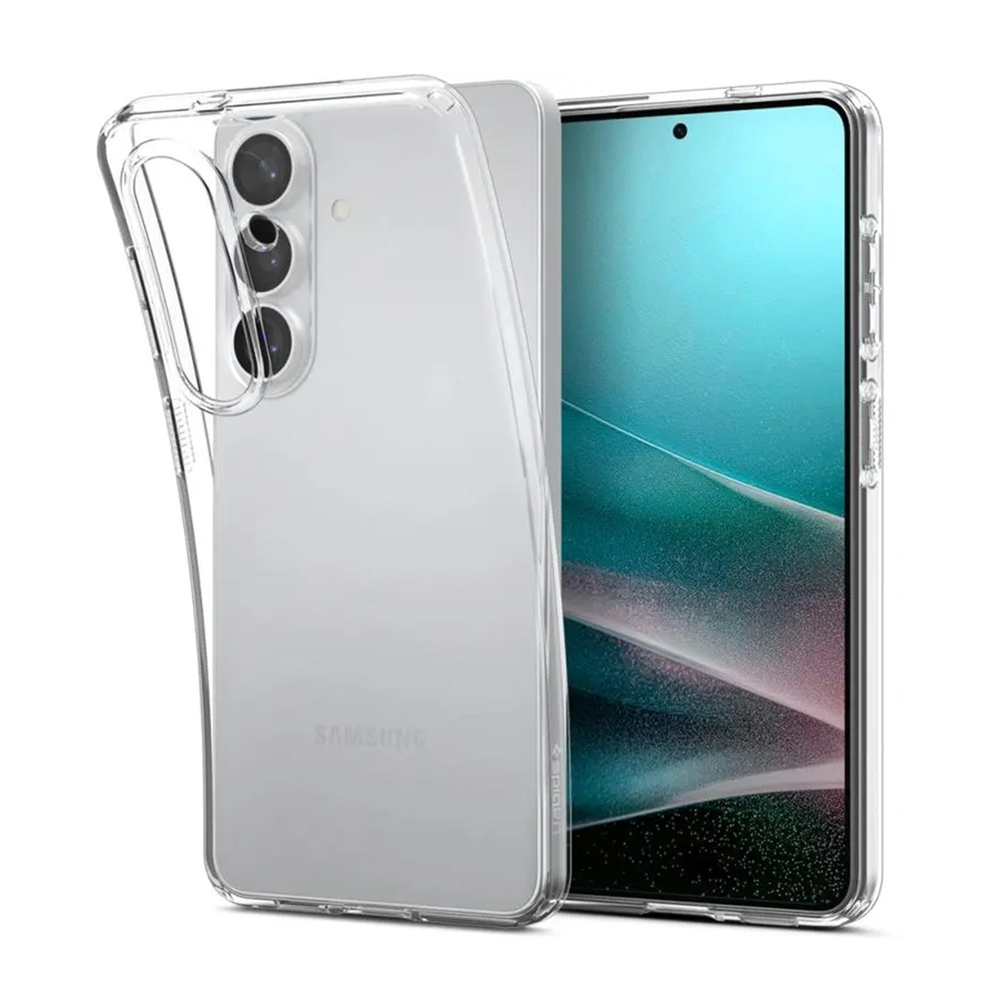 Une coque de téléphone transparente est placée sur un smartphone avec fond bleu.