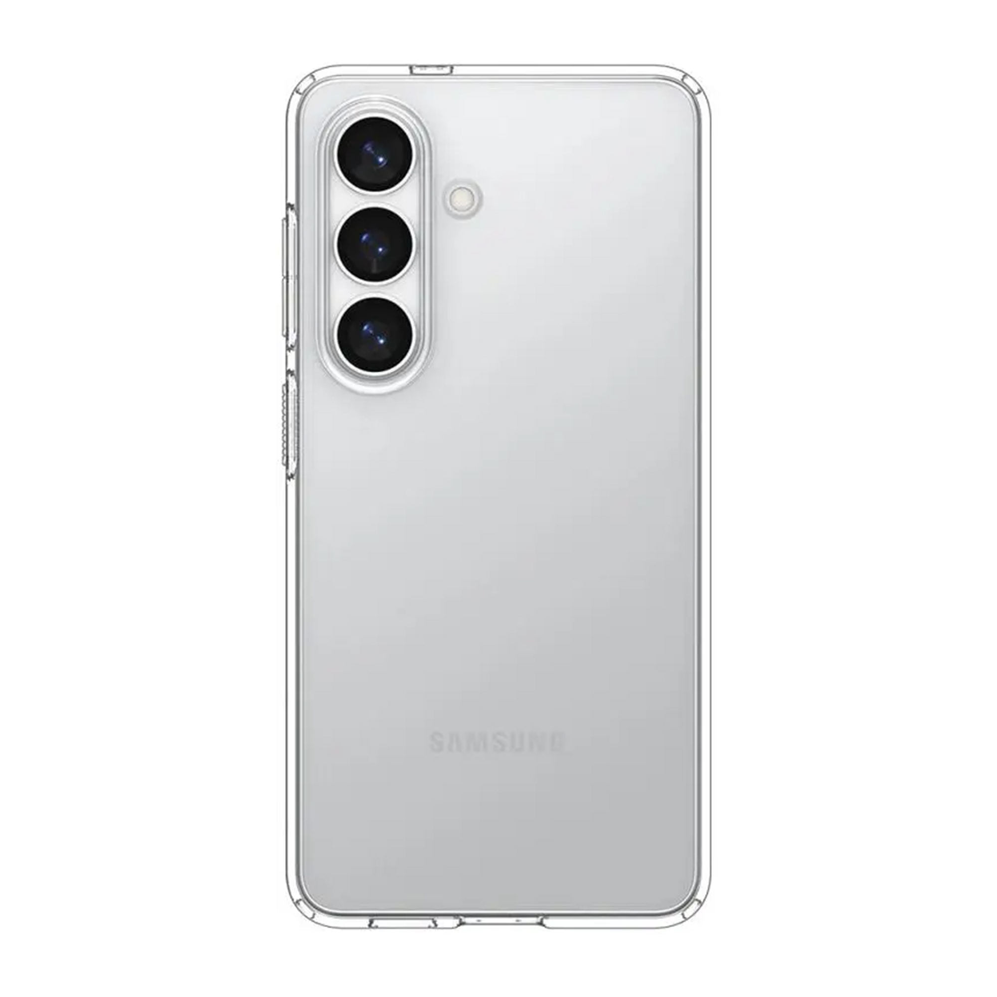 Une coque de téléphone transparente montrant trois caméras arrière et le logo Samsung.