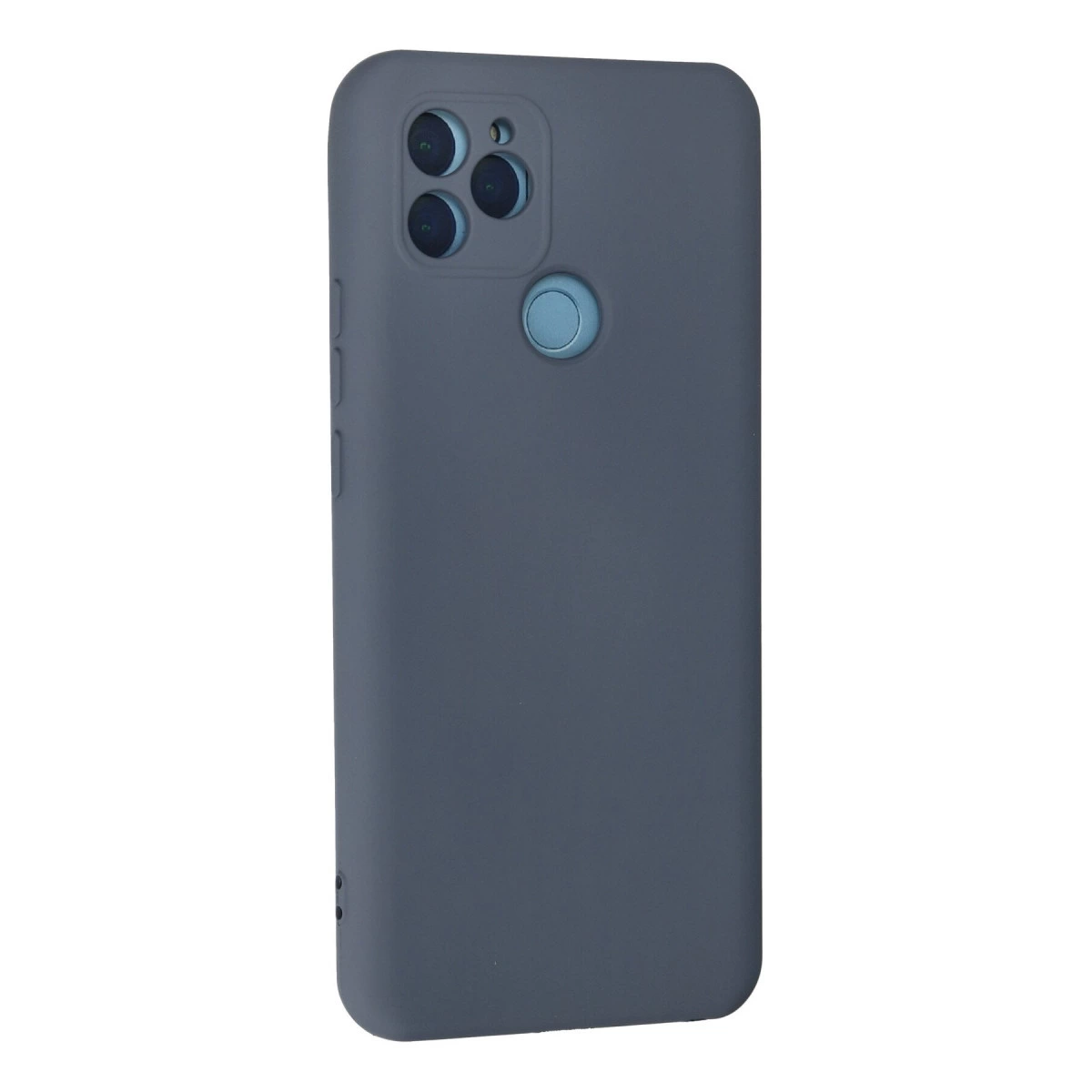 Kamera kesimli ve parmak izi sensörlü koyu gri akıllı telefon kılıfı.