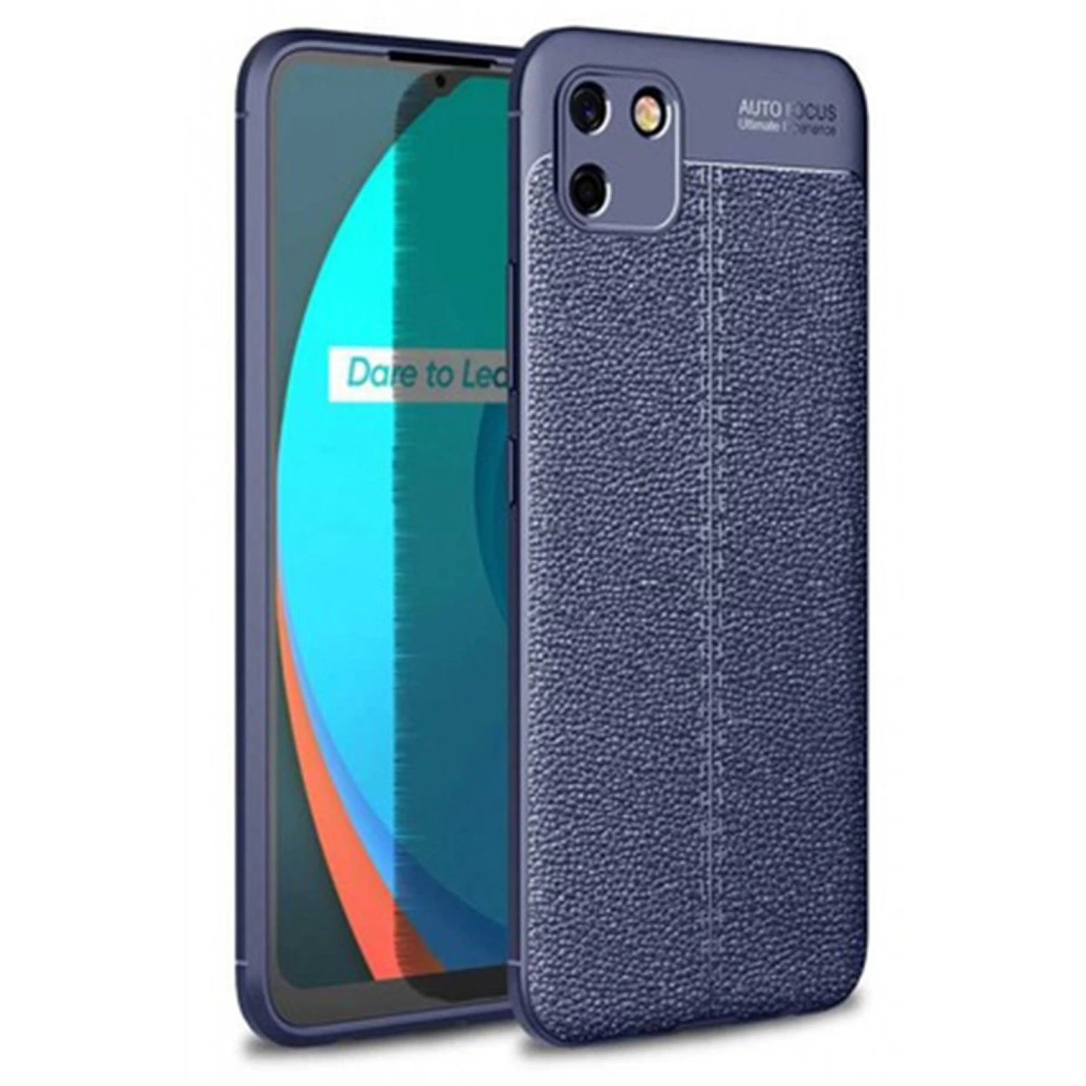 Dokulu kılıflı lacivert bir telefon, başka bir telefonun yanında duruyor.