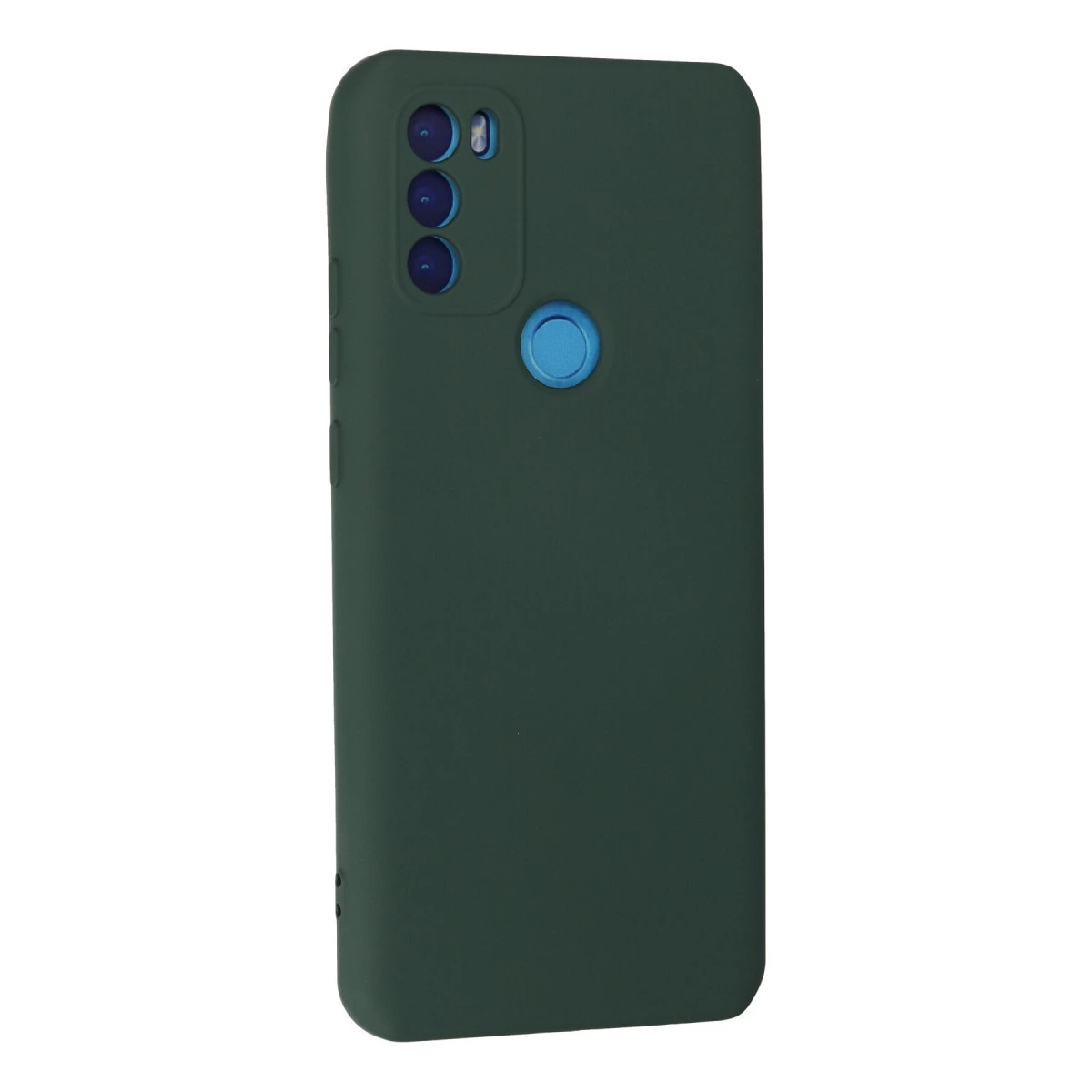 Üç kameralı, mavi parmak izi sensörlü koyu yeşil telefon kılıfı.
